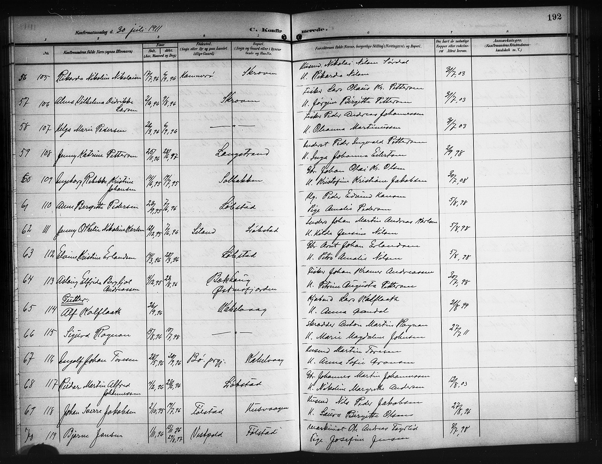 Ministerialprotokoller, klokkerbøker og fødselsregistre - Nordland, SAT/A-1459/874/L1079: Parish register (copy) no. 874C08, 1907-1915, p. 192