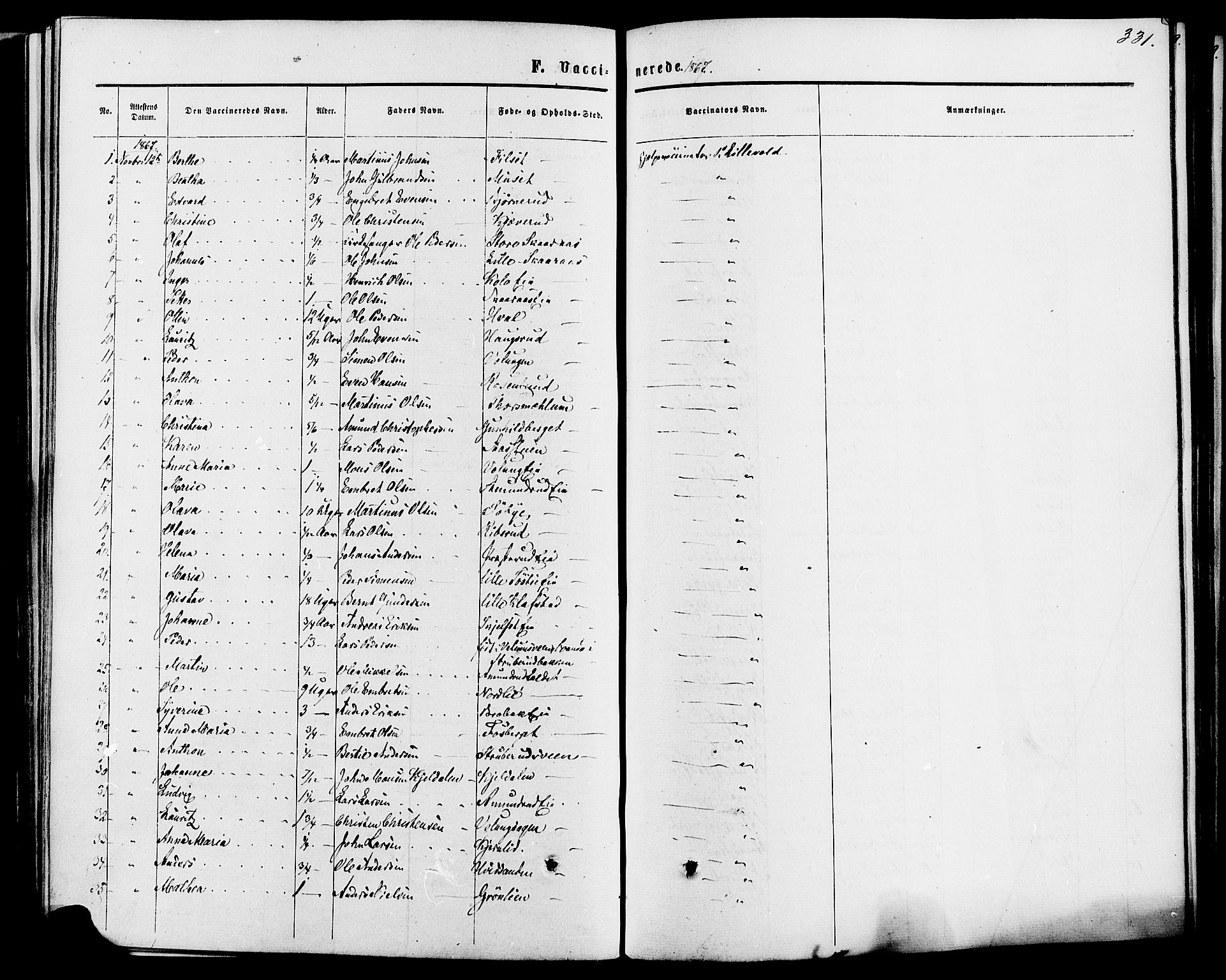 Romedal prestekontor, SAH/PREST-004/K/L0006: Parish register (official) no. 6, 1866-1886, p. 331