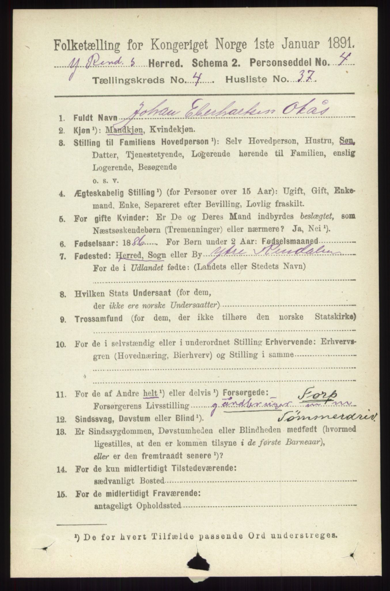 RA, 1891 census for 0432 Ytre Rendal, 1891, p. 1073