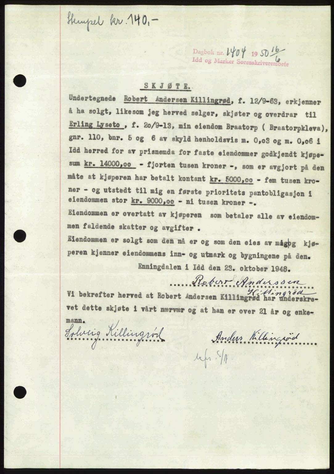 Idd og Marker sorenskriveri, AV/SAO-A-10283/G/Gb/Gbb/L0014: Mortgage book no. A14, 1950-1950, Diary no: : 1404/1950