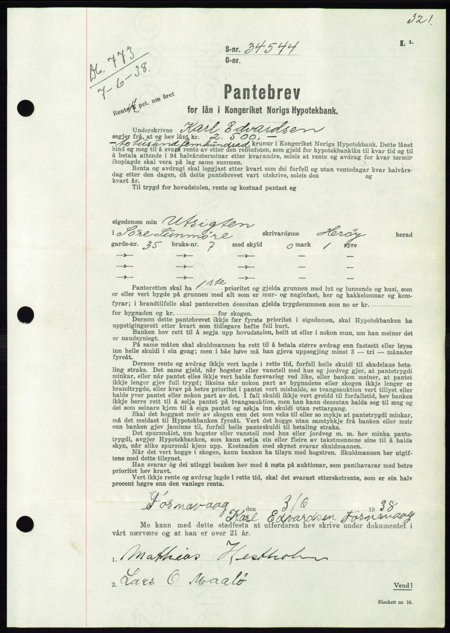 Søre Sunnmøre sorenskriveri, AV/SAT-A-4122/1/2/2C/L0065: Mortgage book no. 59, 1938-1938, Diary no: : 773/1938