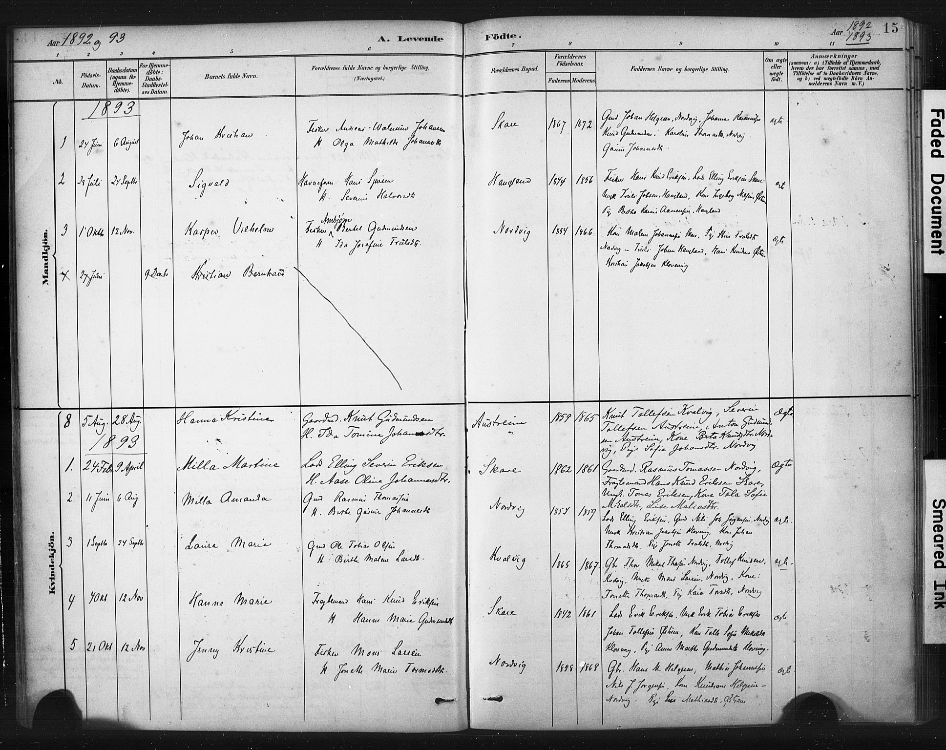 Torvastad sokneprestkontor, AV/SAST-A -101857/H/Ha/Haa/L0016: Parish register (official) no. A 15, 1883-1903, p. 15