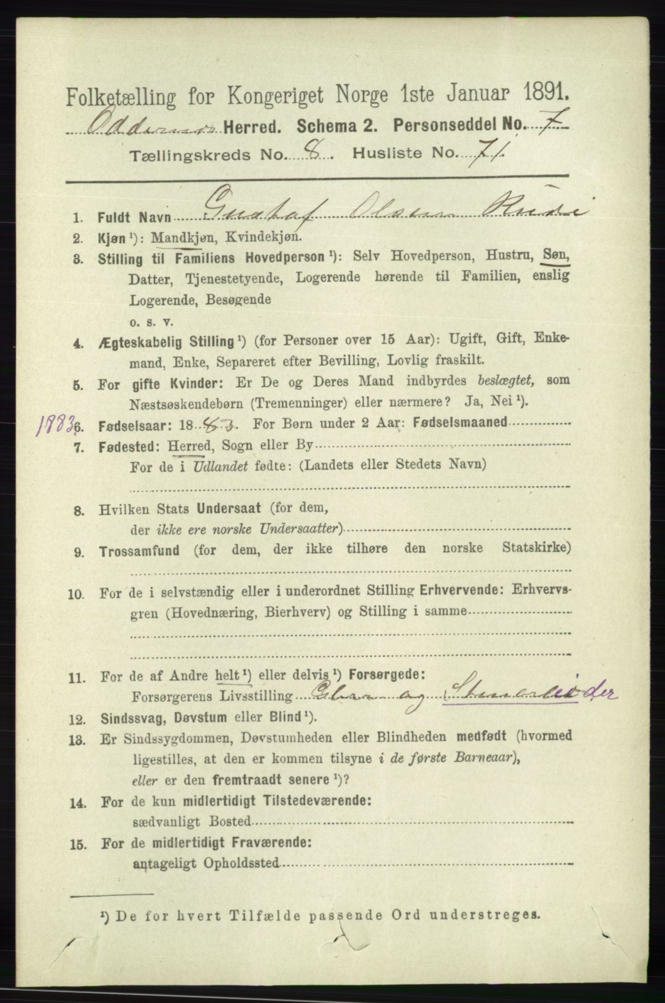 RA, 1891 census for 1012 Oddernes, 1891, p. 3176