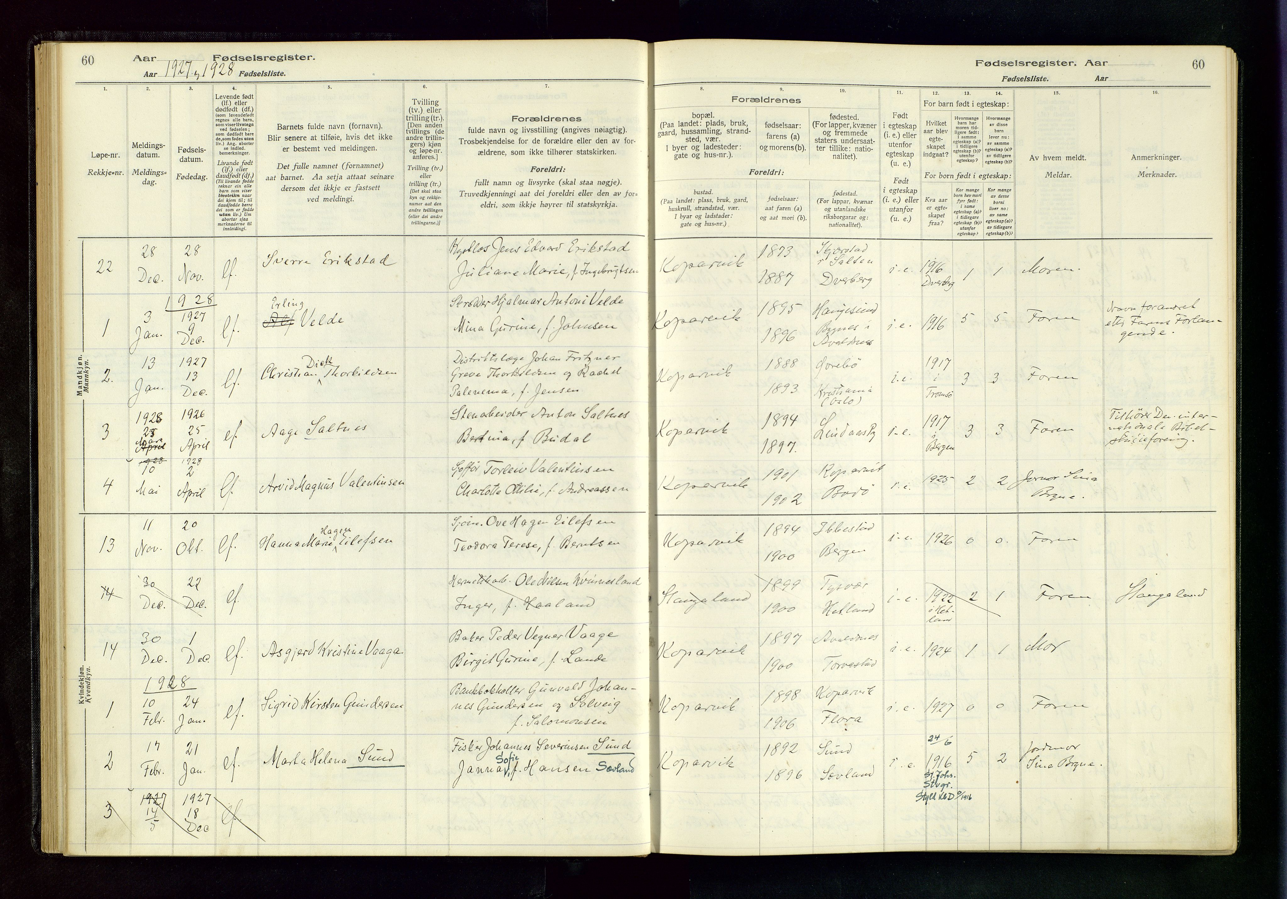 Kopervik sokneprestkontor, AV/SAST-A-101850/I/Id/L0001: Birth register no. 1, 1916-1952, p. 60