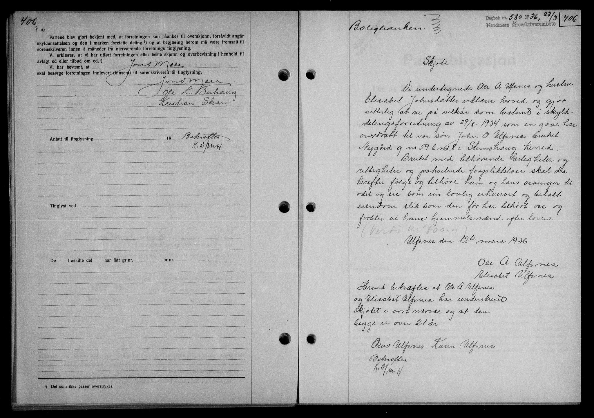 Nordmøre sorenskriveri, AV/SAT-A-4132/1/2/2Ca/L0087: Mortgage book no. 77, 1935-1936, Deed date: 23.03.1936