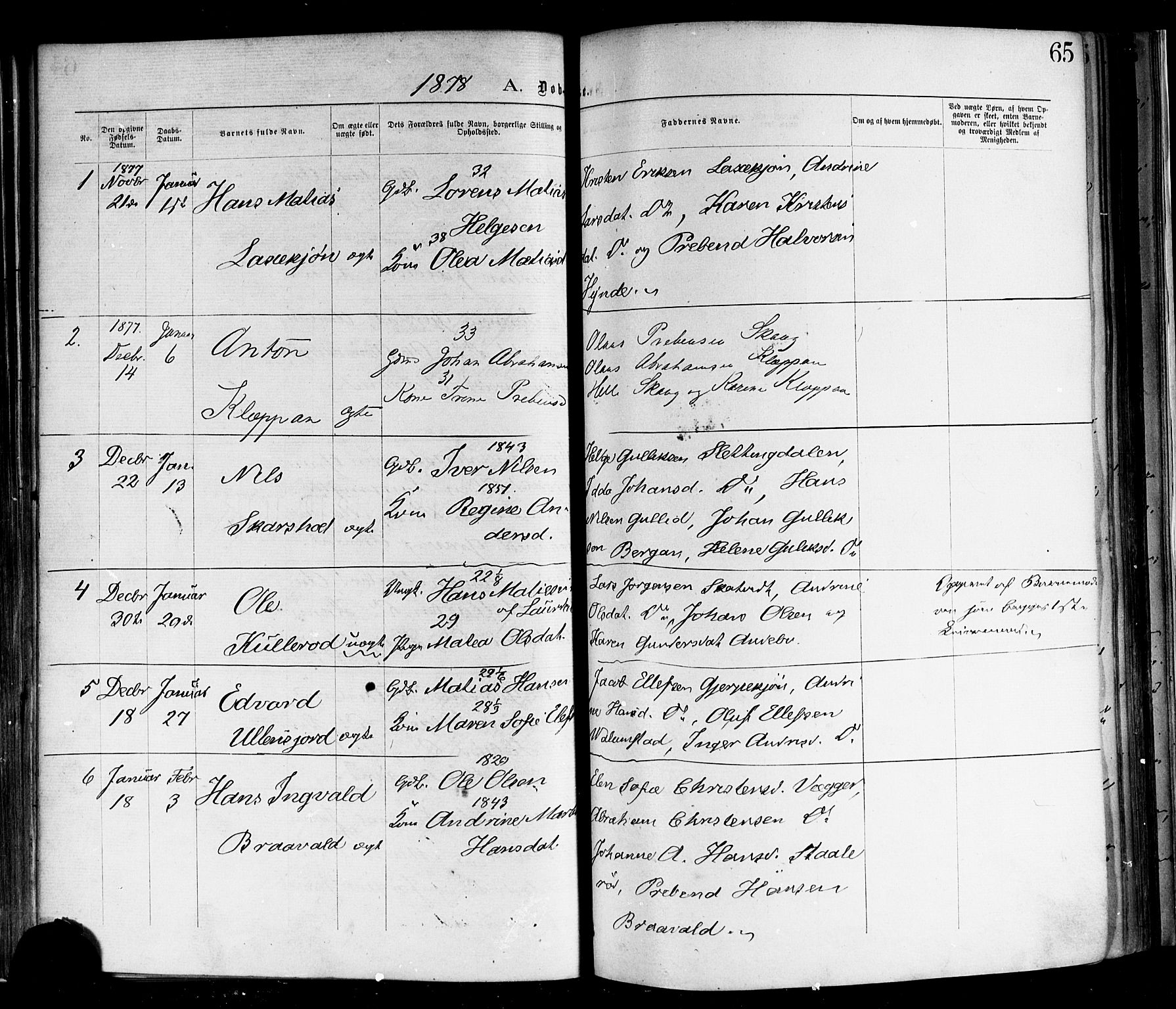 Andebu kirkebøker, AV/SAKO-A-336/F/Fa/L0006: Parish register (official) no. 6, 1871-1878, p. 65