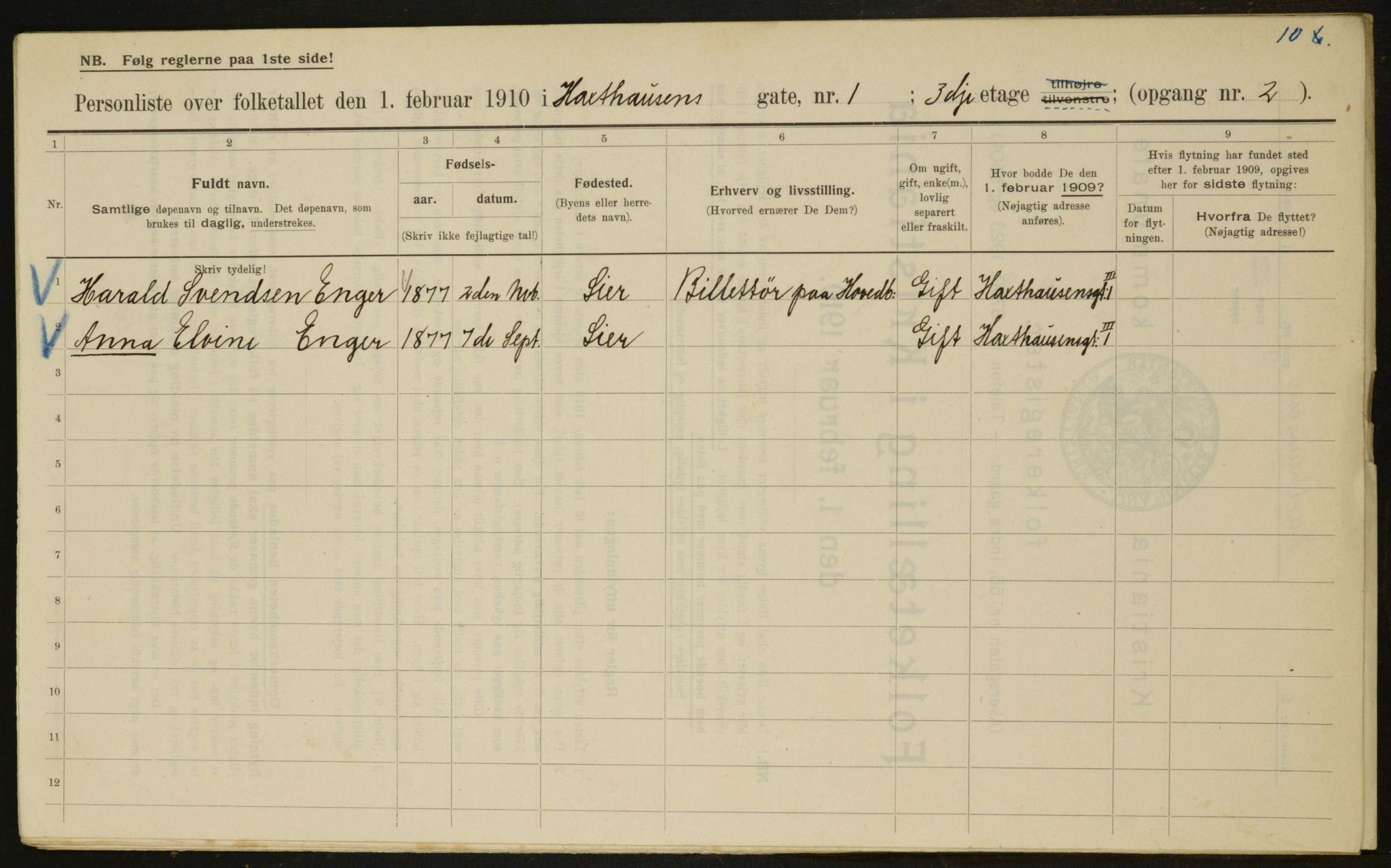 OBA, Municipal Census 1910 for Kristiania, 1910, p. 34397