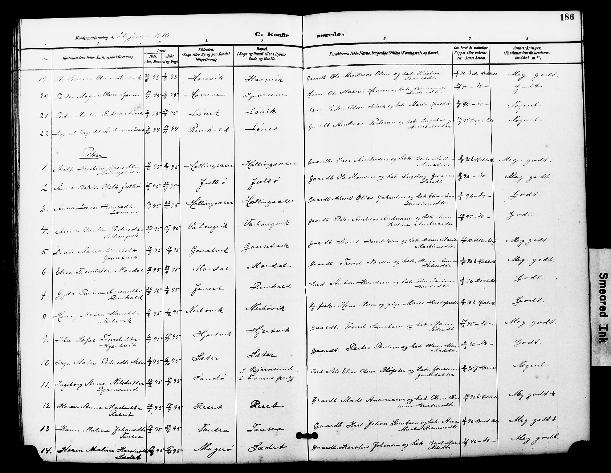 Ministerialprotokoller, klokkerbøker og fødselsregistre - Møre og Romsdal, AV/SAT-A-1454/560/L0725: Parish register (copy) no. 560C02, 1895-1930, p. 186