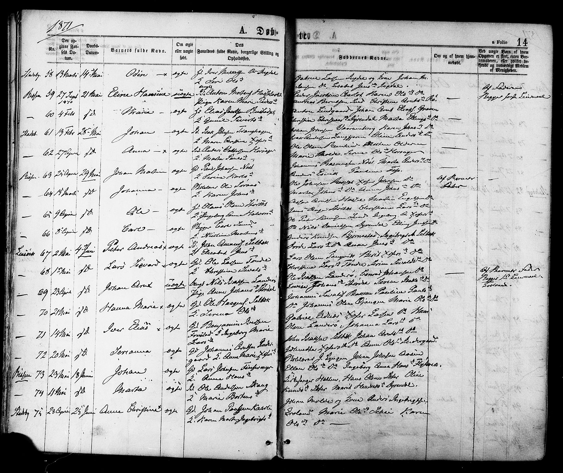 Ministerialprotokoller, klokkerbøker og fødselsregistre - Sør-Trøndelag, AV/SAT-A-1456/646/L0613: Parish register (official) no. 646A11, 1870-1884, p. 14