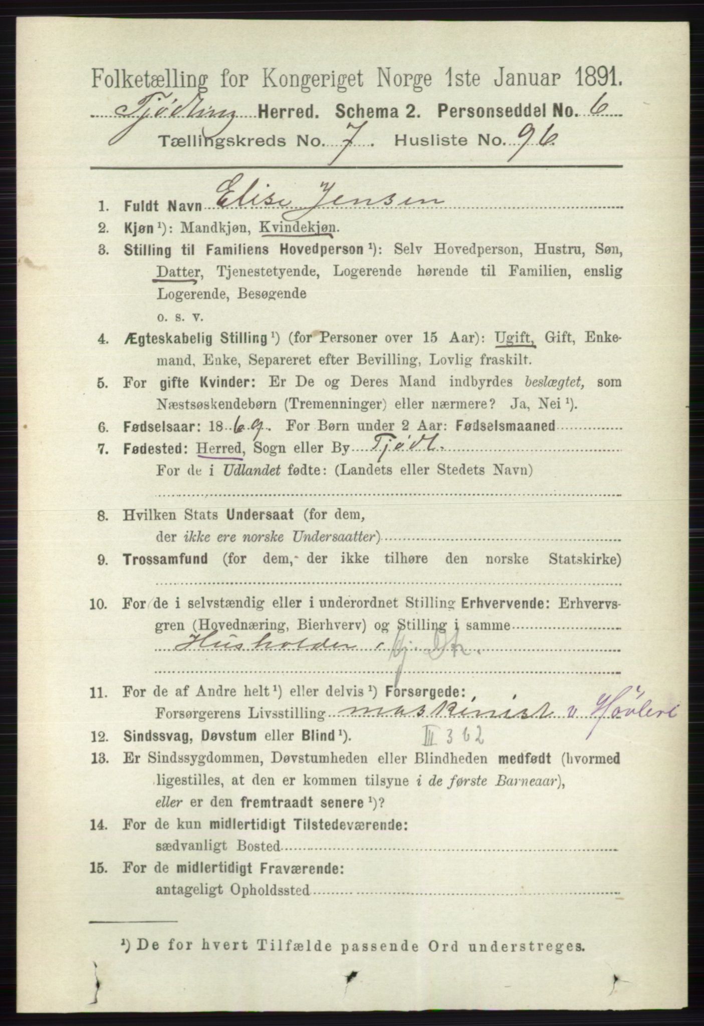 RA, 1891 census for 0725 Tjølling, 1891, p. 4294