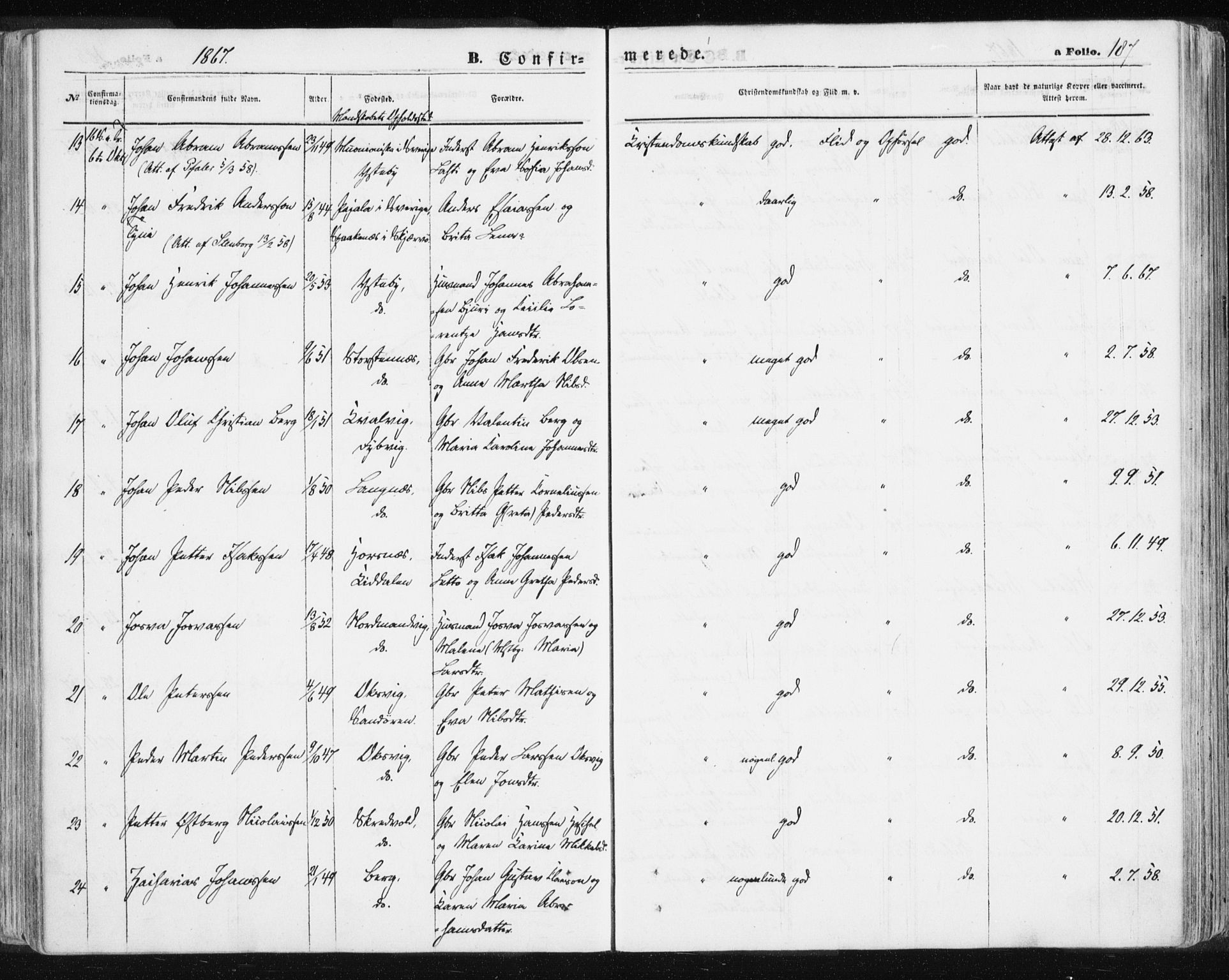 Lyngen sokneprestembete, AV/SATØ-S-1289/H/He/Hea/L0005kirke: Parish register (official) no. 5, 1859-1869, p. 187