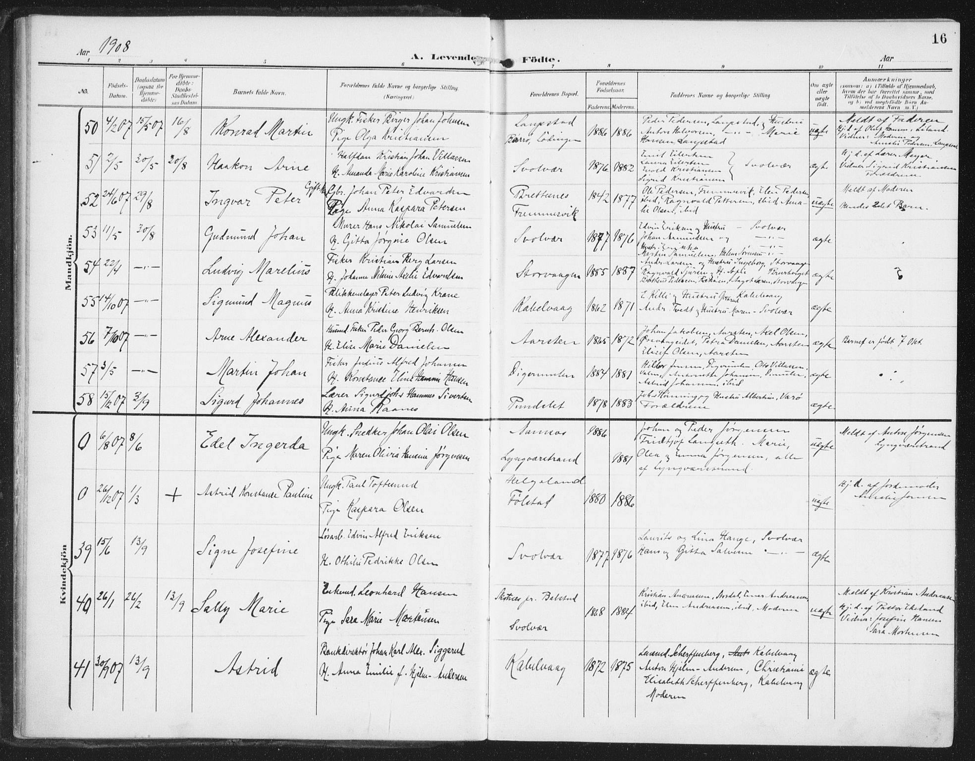 Ministerialprotokoller, klokkerbøker og fødselsregistre - Nordland, AV/SAT-A-1459/874/L1063: Parish register (official) no. 874A07, 1907-1915, p. 16