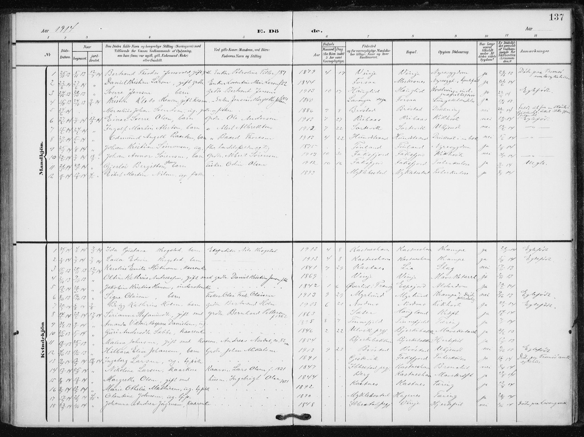 Tranøy sokneprestkontor, AV/SATØ-S-1313/I/Ia/Iaa/L0013kirke: Parish register (official) no. 13, 1905-1922, p. 137