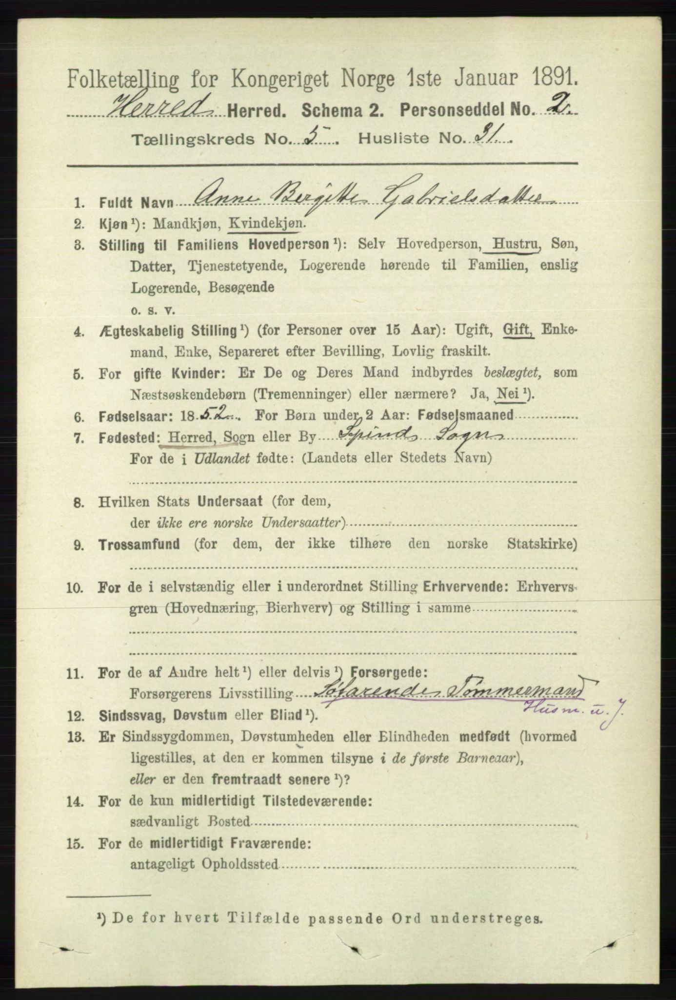RA, 1891 census for 1039 Herad, 1891, p. 1952