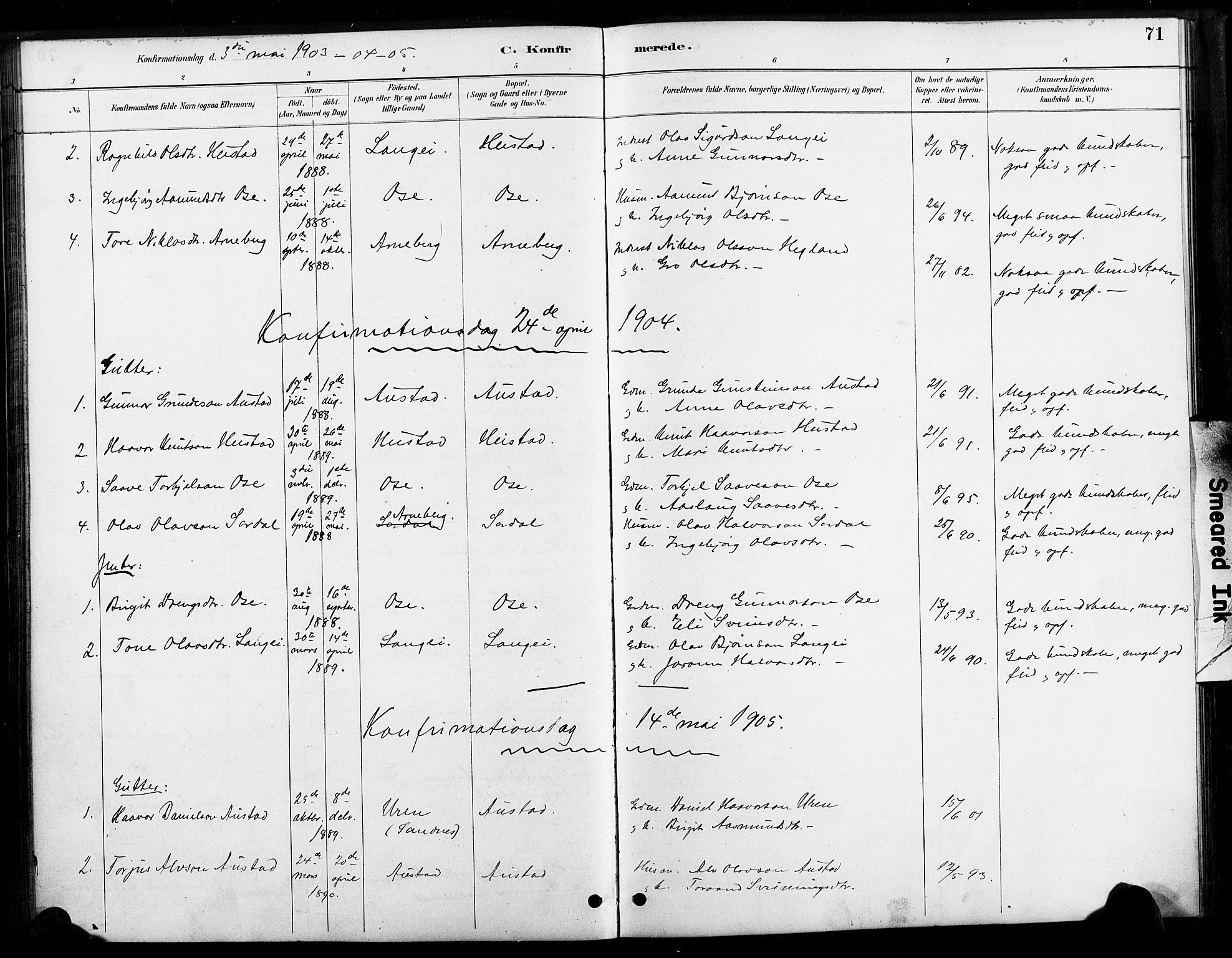 Bygland sokneprestkontor, SAK/1111-0006/F/Fa/Faa/L0001: Parish register (official) no. A 1, 1885-1908, p. 71