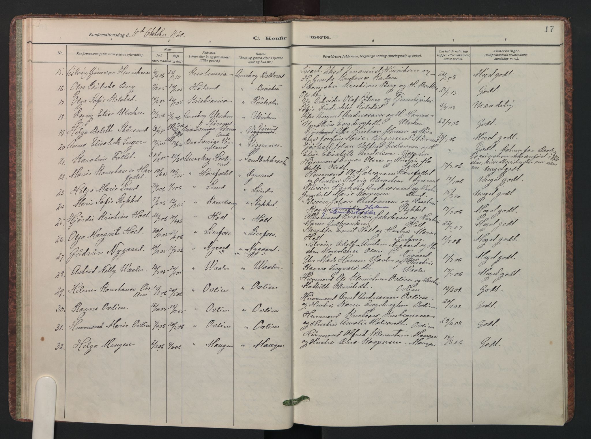 Aurskog prestekontor Kirkebøker, SAO/A-10304a/F/Fa/L0015: Parish register (official) no. I 15, 1915-1929, p. 17