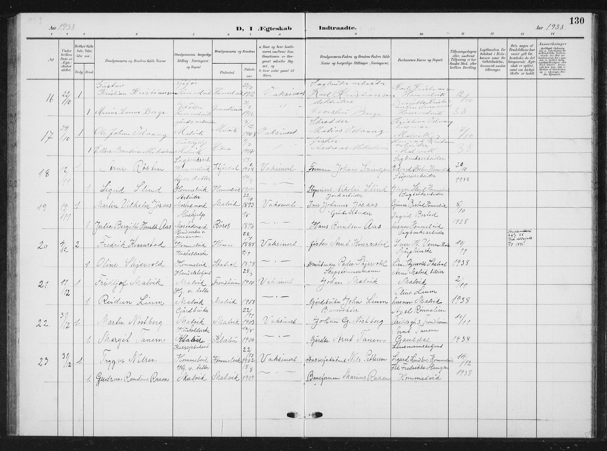 Ministerialprotokoller, klokkerbøker og fødselsregistre - Sør-Trøndelag, SAT/A-1456/616/L0424: Parish register (copy) no. 616C07, 1904-1940, p. 130