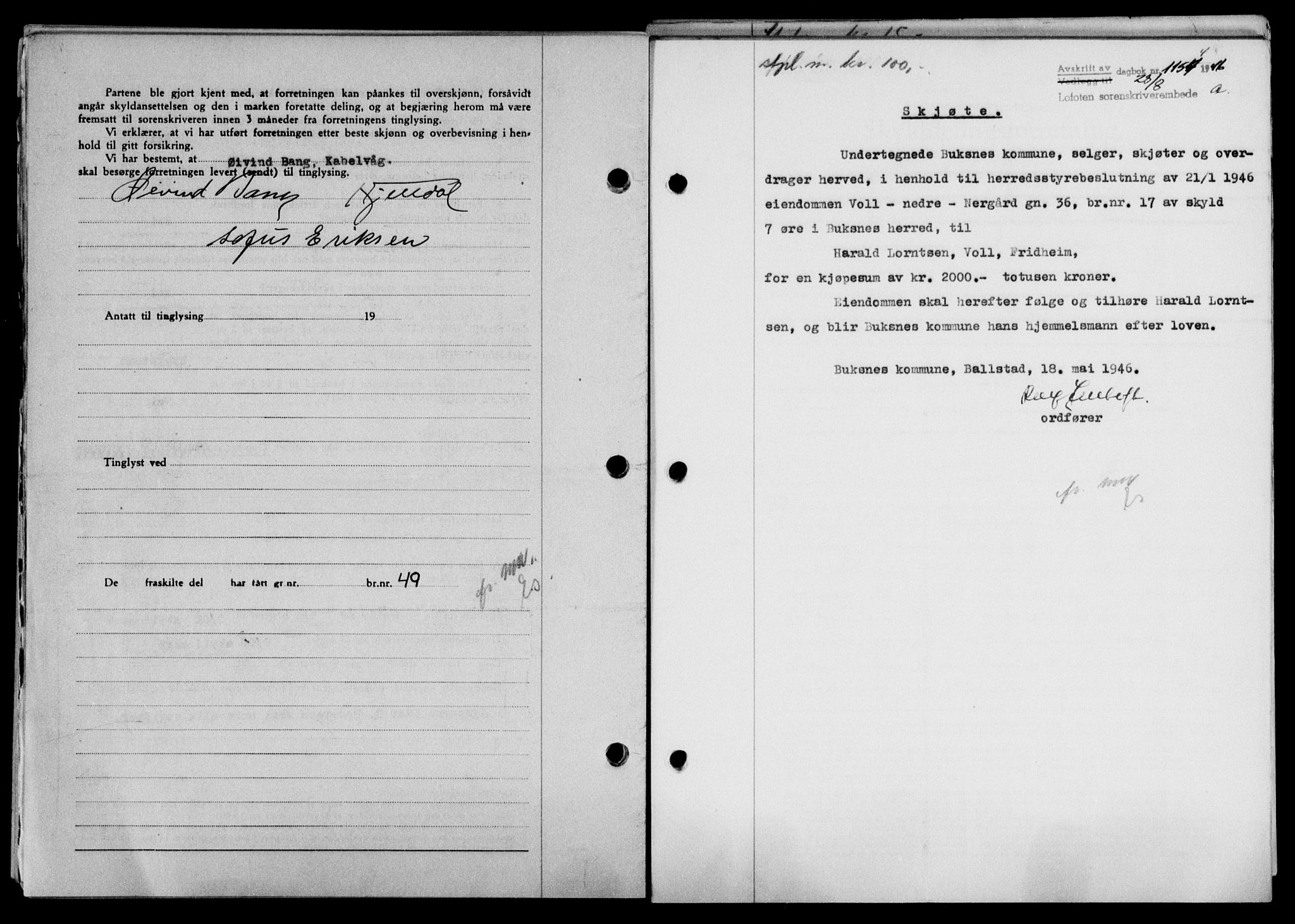 Lofoten sorenskriveri, SAT/A-0017/1/2/2C/L0014a: Mortgage book no. 14a, 1946-1946, Diary no: : 1154/1946