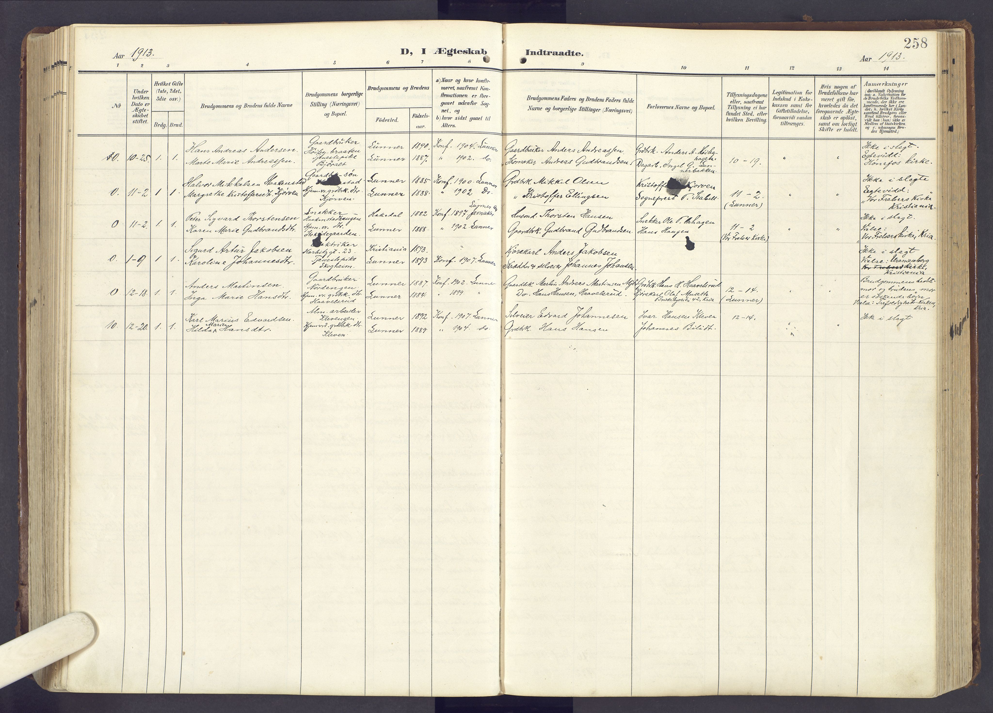 Lunner prestekontor, AV/SAH-PREST-118/H/Ha/Haa/L0001: Parish register (official) no. 1, 1907-1922, p. 258