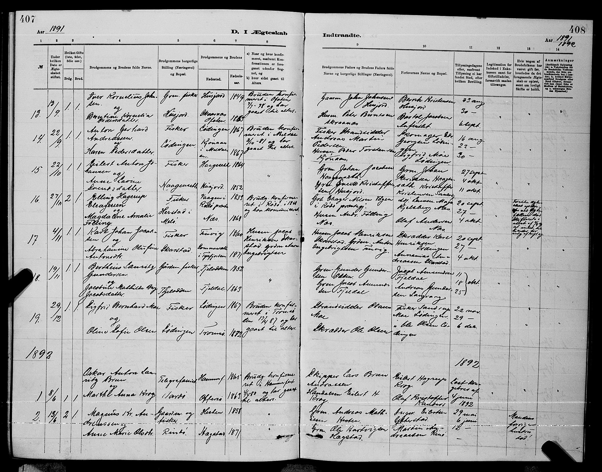 Ministerialprotokoller, klokkerbøker og fødselsregistre - Nordland, AV/SAT-A-1459/872/L1047: Parish register (copy) no. 872C03, 1880-1897, p. 407-408