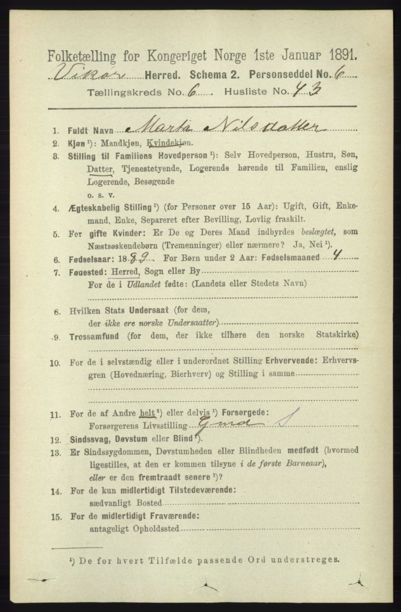 RA, 1891 census for 1238 Vikør, 1891, p. 2031