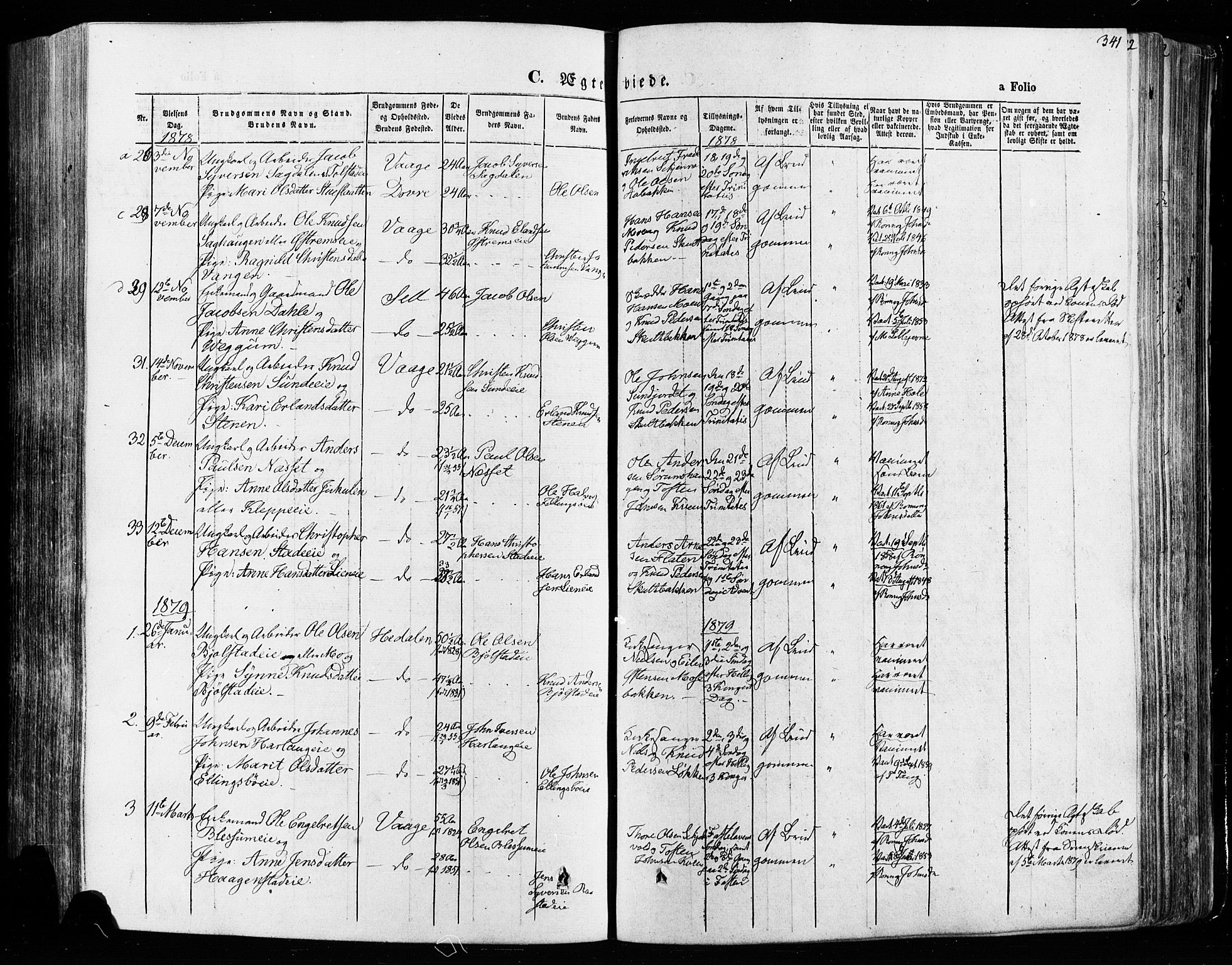 Vågå prestekontor, SAH/PREST-076/H/Ha/Haa/L0007: Parish register (official) no. 7 /1, 1872-1886, p. 341