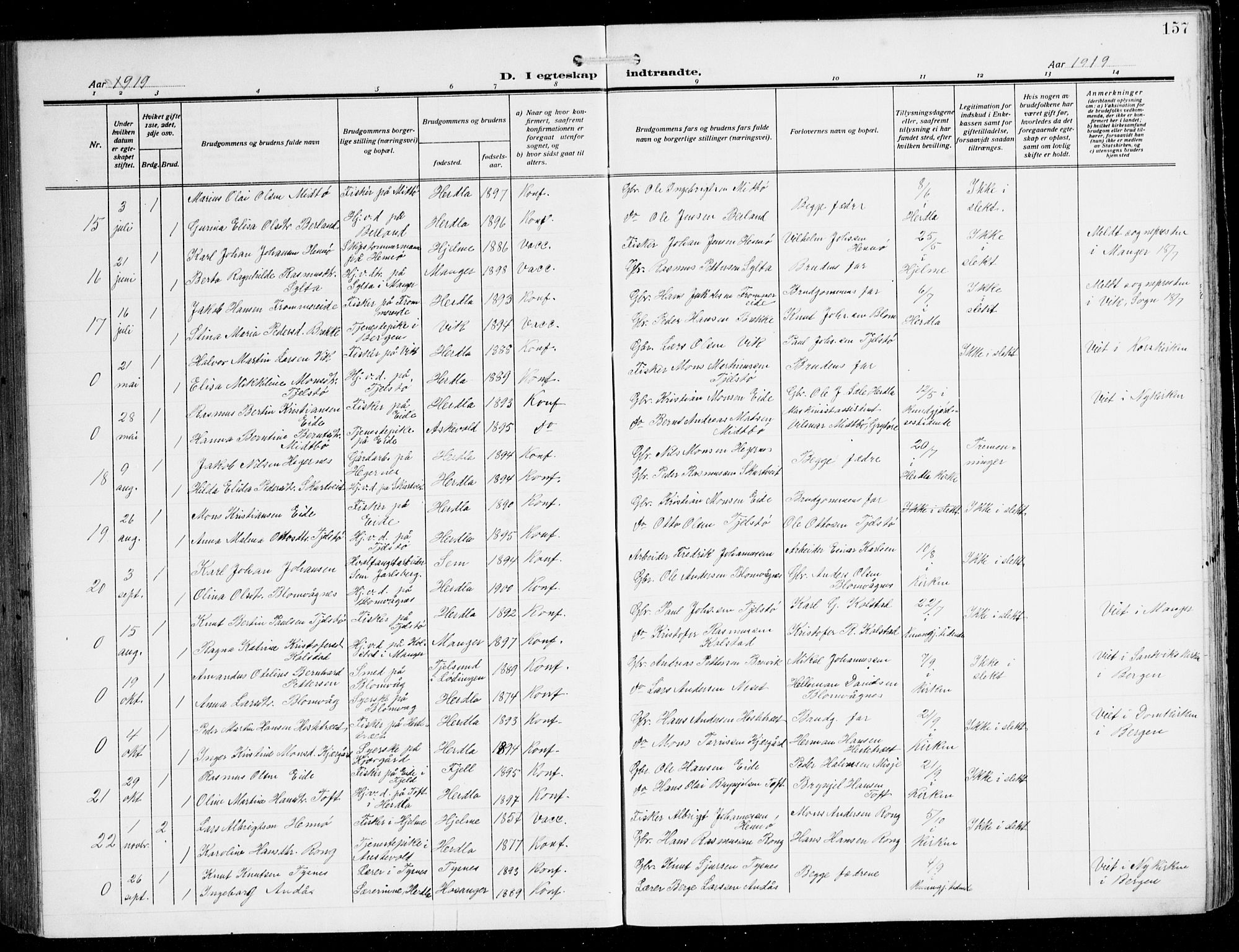 Herdla Sokneprestembete, SAB/A-75701/H/Hab: Parish register (copy) no. C 2, 1913-1926, p. 157