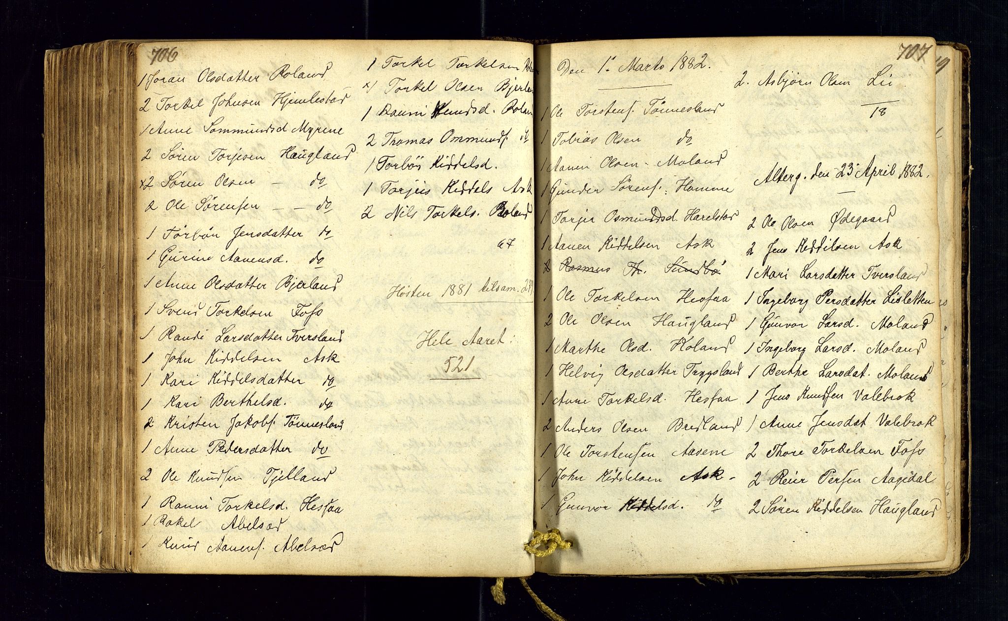 Bjelland sokneprestkontor, SAK/1111-0005/F/Fc/Fca/L0001: Communicants register no. C-1, 1827-1887, p. 706-707