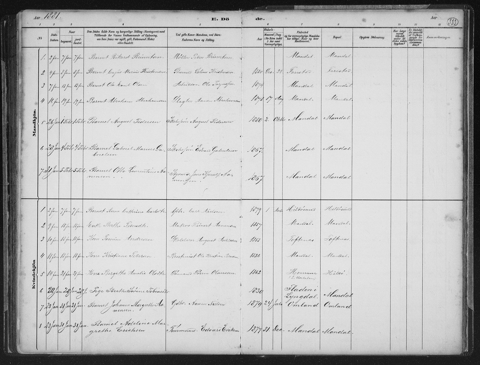 Mandal sokneprestkontor, AV/SAK-1111-0030/F/Fb/Fba/L0011: Parish register (copy) no. B 5, 1880-1898, p. 333