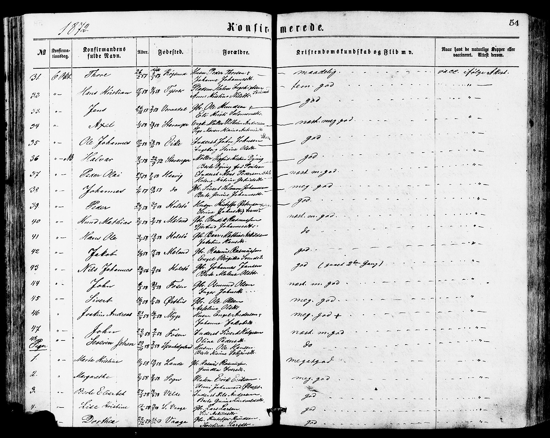 Avaldsnes sokneprestkontor, AV/SAST-A -101851/H/Ha/Haa/L0012: Parish register (official) no. A 12, 1865-1880, p. 54