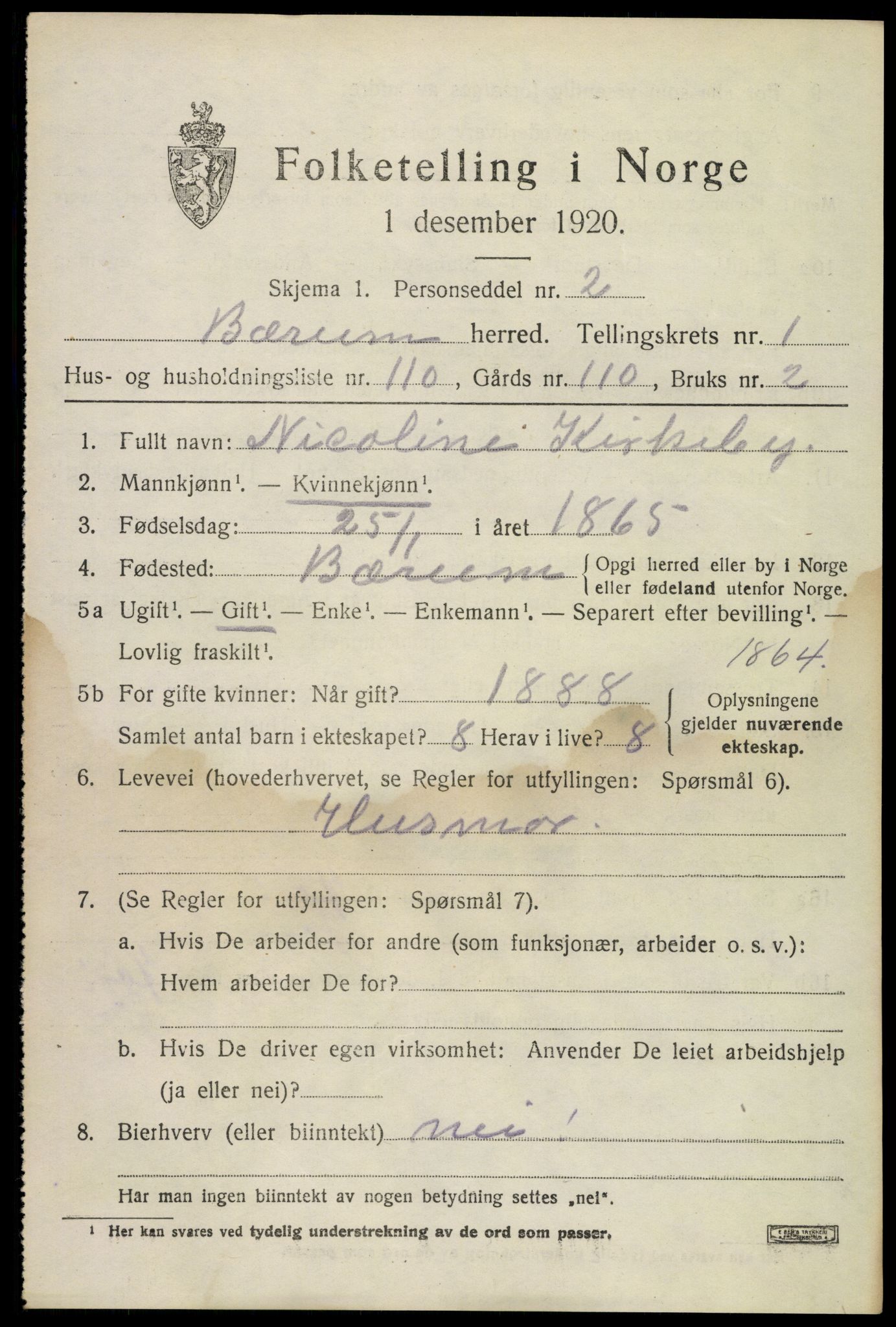SAO, 1920 census for Bærum, 1920, p. 6496