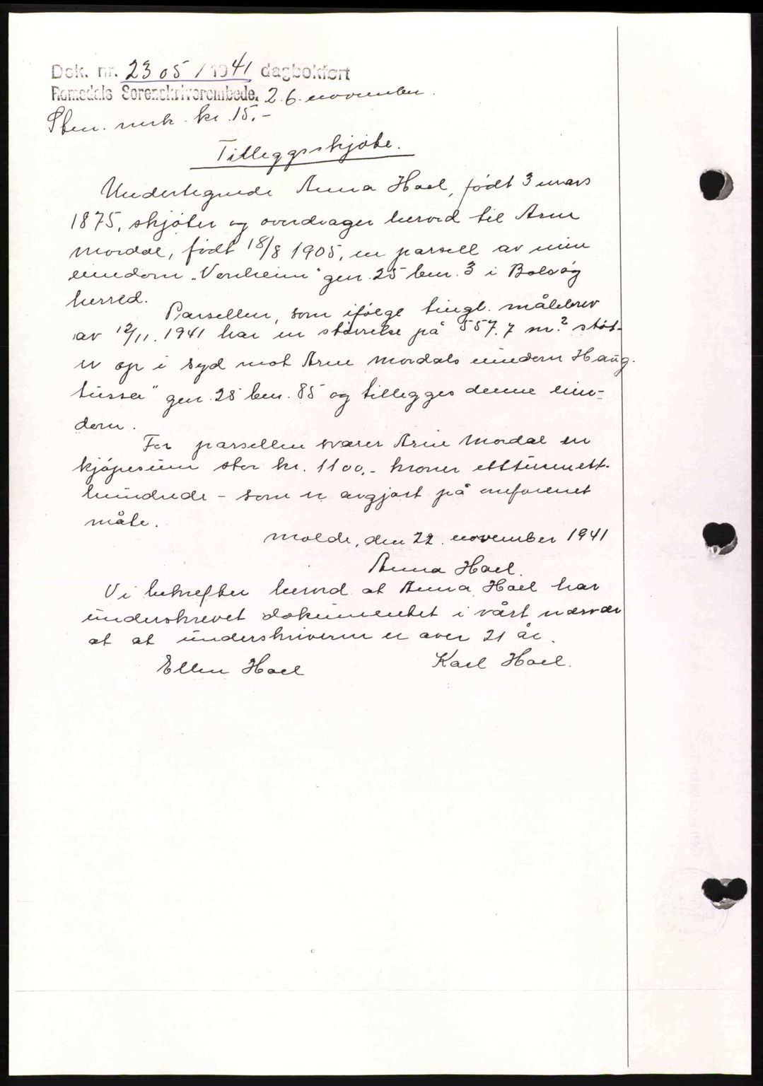 Romsdal sorenskriveri, AV/SAT-A-4149/1/2/2C: Mortgage book no. A11, 1941-1942, Diary no: : 2305/1941