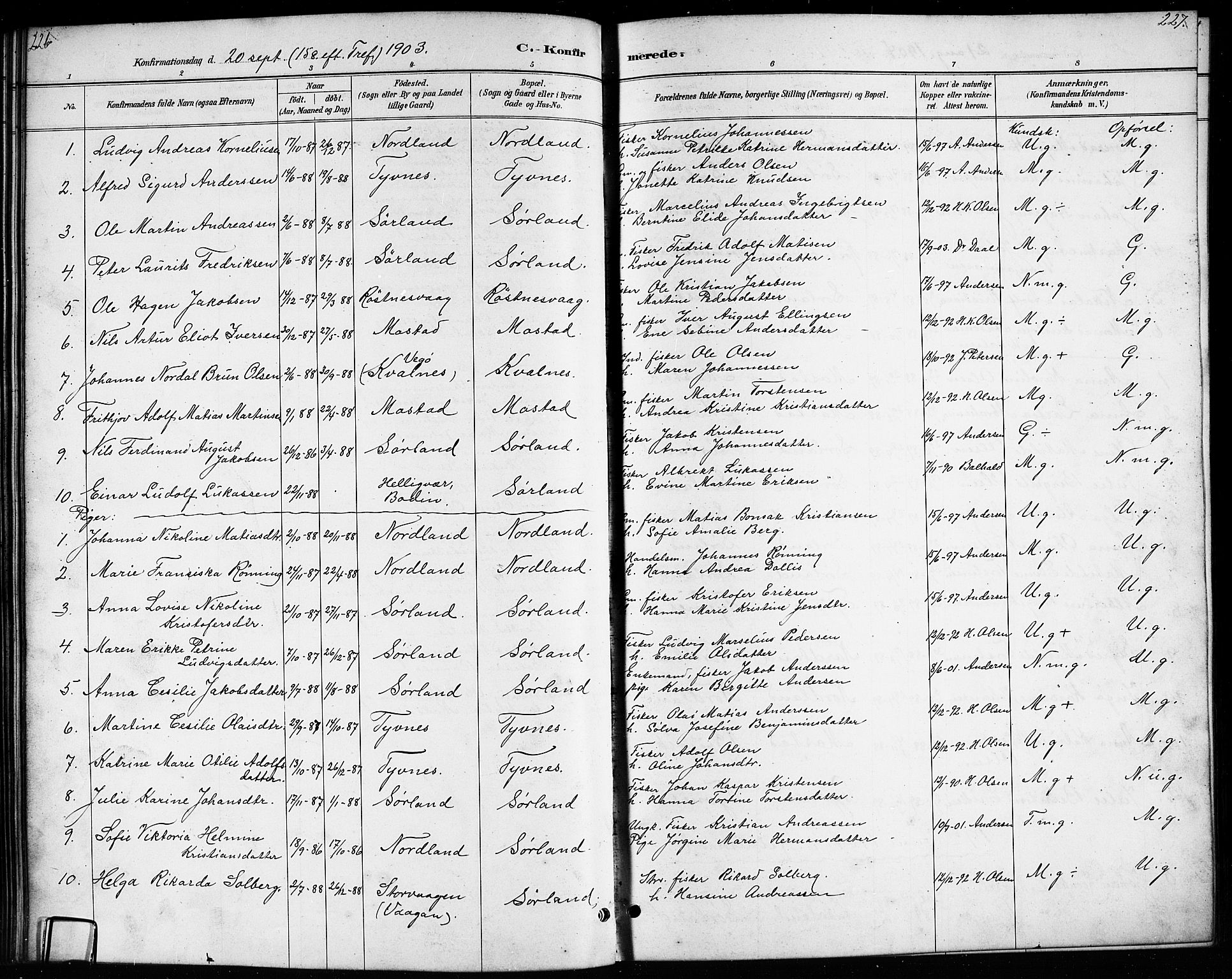 Ministerialprotokoller, klokkerbøker og fødselsregistre - Nordland, AV/SAT-A-1459/807/L0123: Parish register (copy) no. 807C01, 1884-1910, p. 226-227