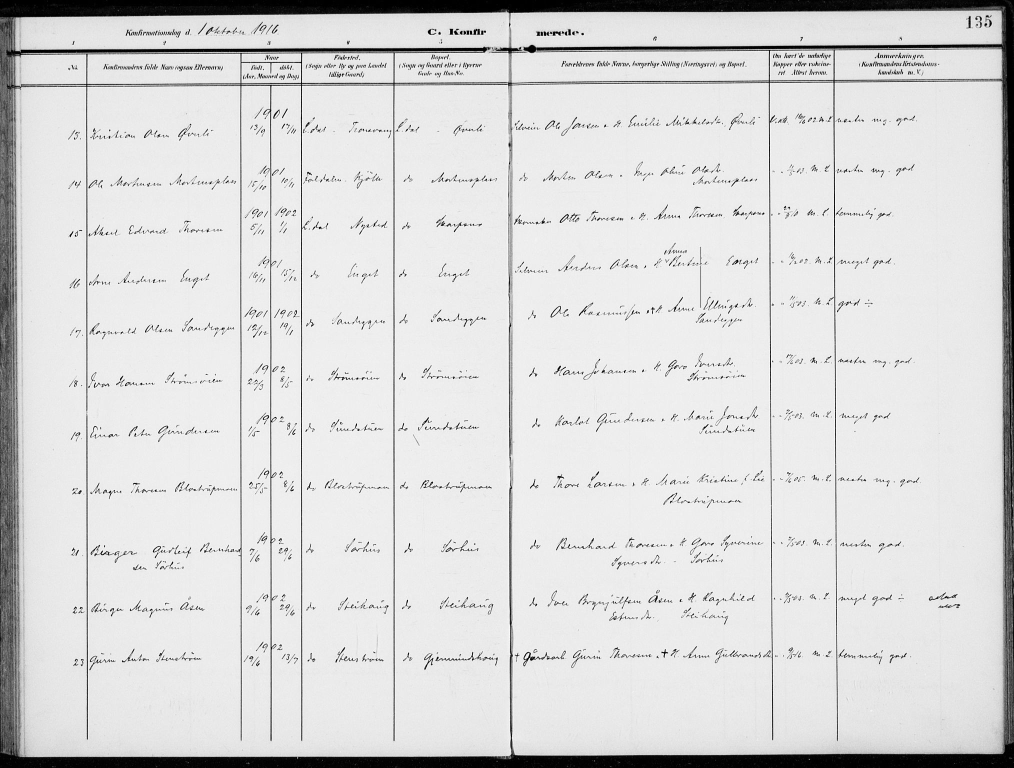 Alvdal prestekontor, SAH/PREST-060/H/Ha/Haa/L0004: Parish register (official) no. 4, 1907-1919, p. 135