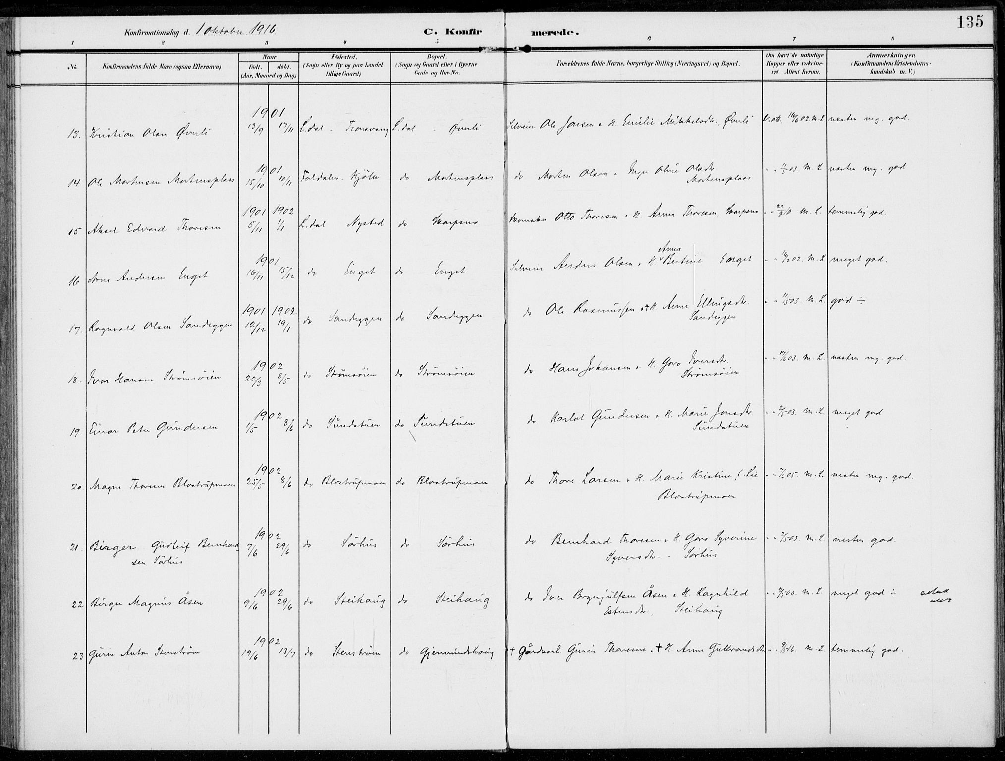 Alvdal prestekontor, AV/SAH-PREST-060/H/Ha/Haa/L0004: Parish register (official) no. 4, 1907-1919, p. 135