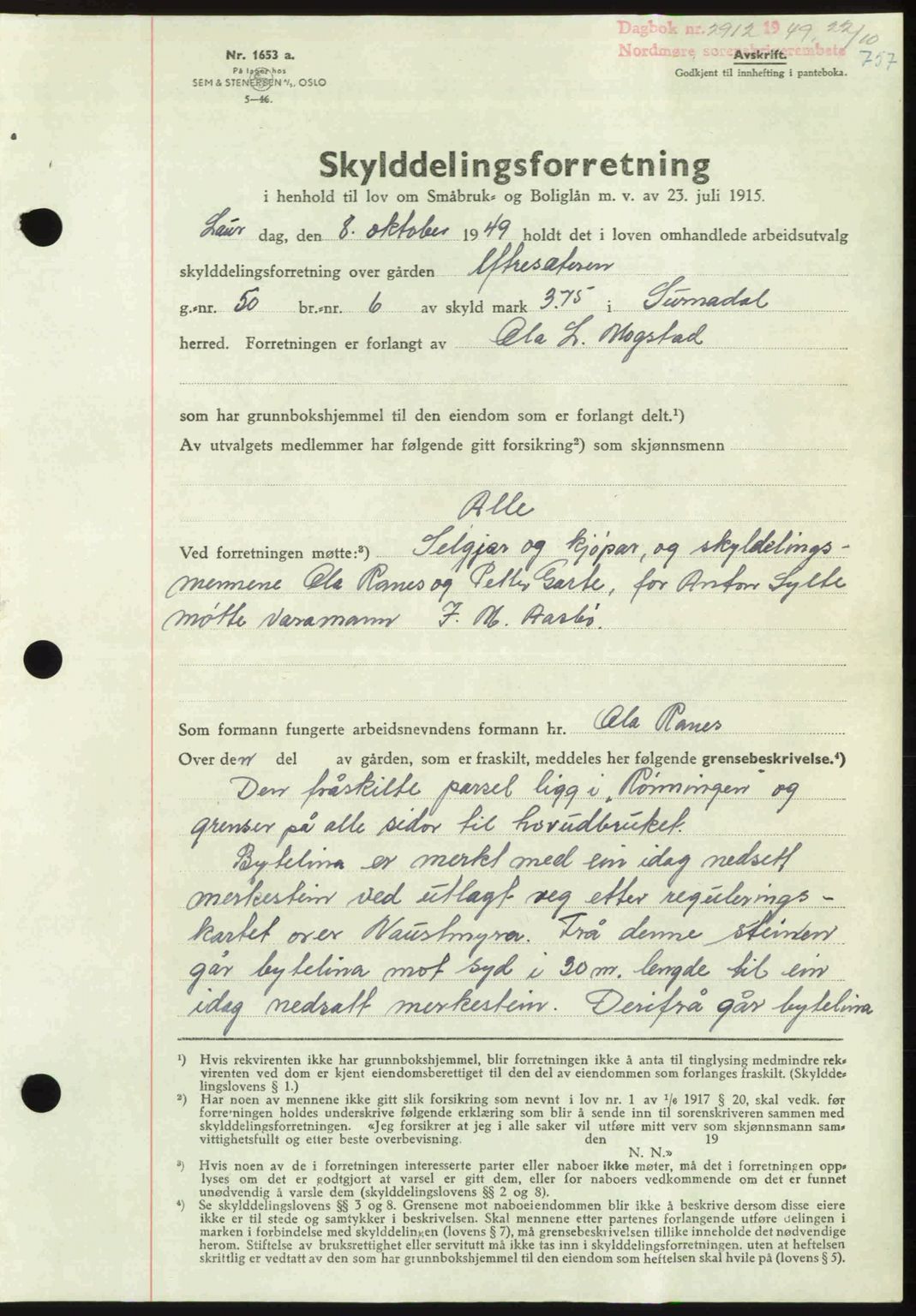 Nordmøre sorenskriveri, AV/SAT-A-4132/1/2/2Ca: Mortgage book no. A112, 1949-1949, Diary no: : 2912/1949