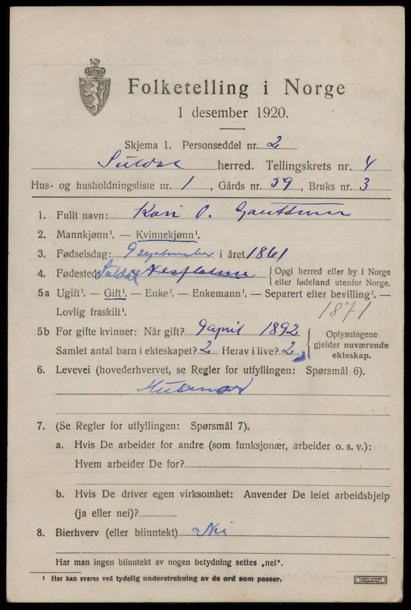 SAST, 1920 census for Suldal, 1920, p. 1020