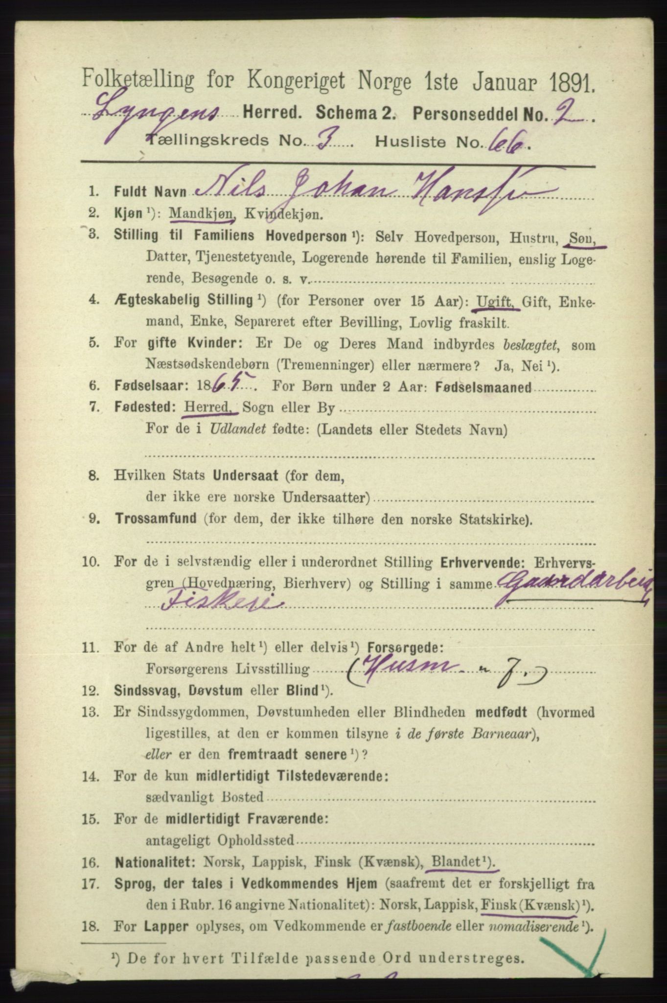 RA, 1891 census for 1938 Lyngen, 1891, p. 3580