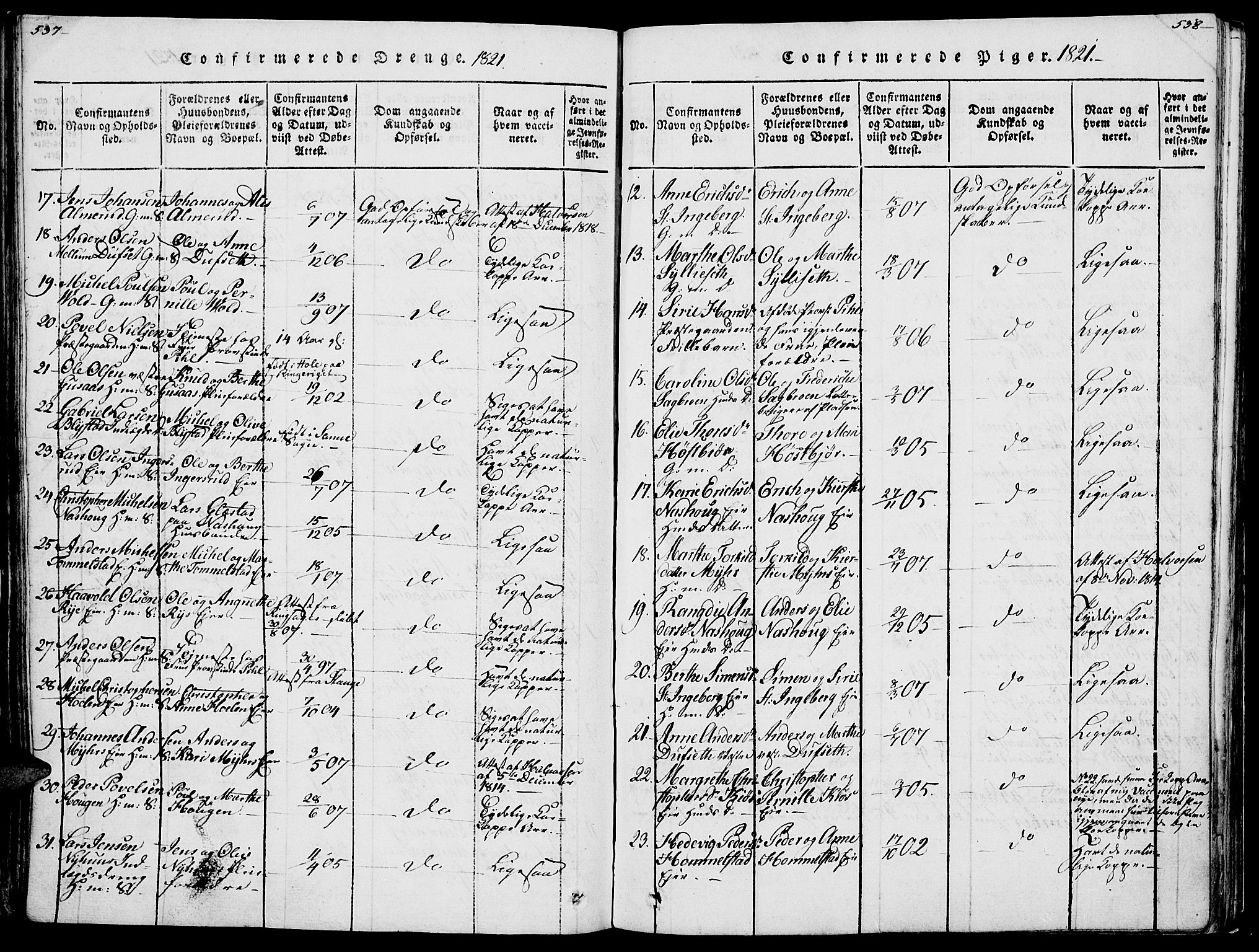 Vang prestekontor, Hedmark, SAH/PREST-008/H/Ha/Haa/L0007: Parish register (official) no. 7, 1813-1826, p. 537-538