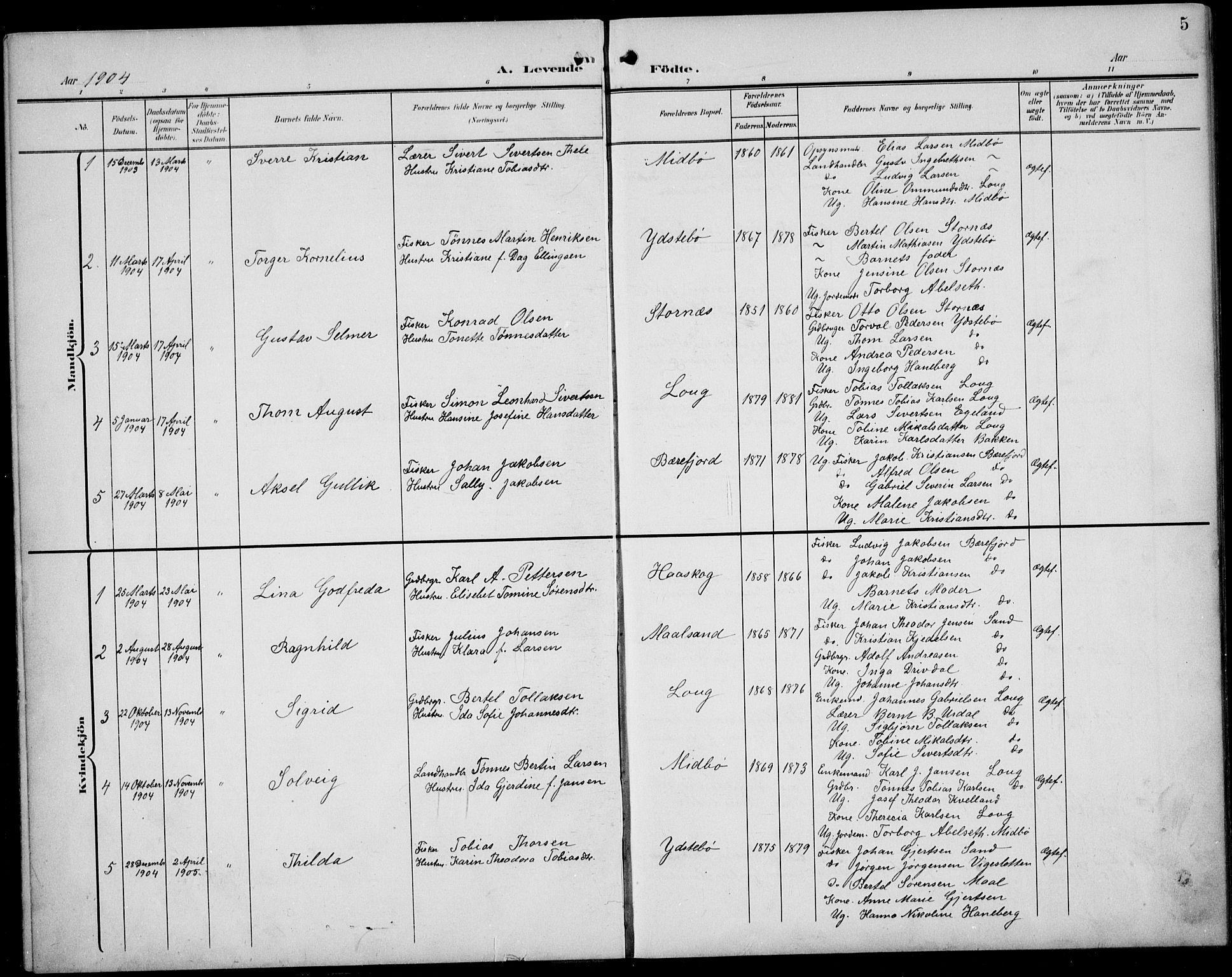 Sokndal sokneprestkontor, SAST/A-101808: Parish register (copy) no. B 7, 1904-1935, p. 5
