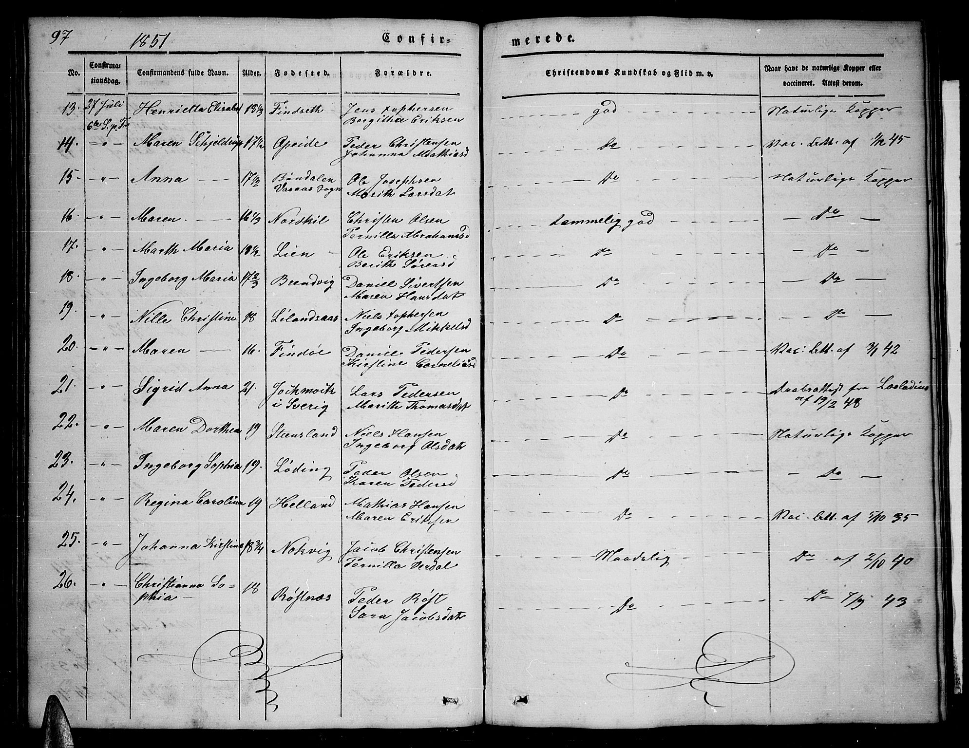 Ministerialprotokoller, klokkerbøker og fødselsregistre - Nordland, AV/SAT-A-1459/859/L0856: Parish register (copy) no. 859C02, 1843-1854, p. 97