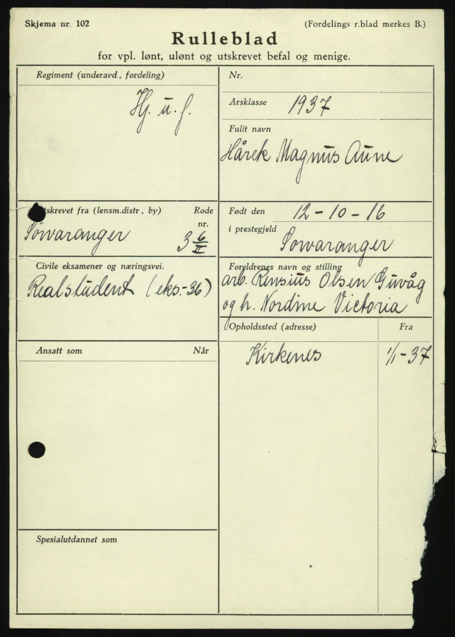 Forsvaret, Troms infanteriregiment nr. 16, AV/RA-RAFA-3146/P/Pa/L0021: Rulleblad for regimentets menige mannskaper, årsklasse 1937, 1937, p. 27