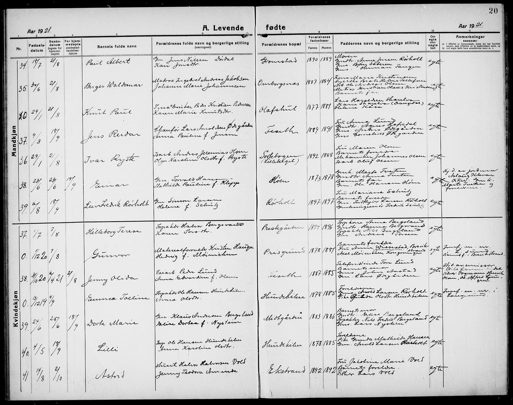 Bamble kirkebøker, AV/SAKO-A-253/G/Ga/L0011: Parish register (copy) no. I 11, 1920-1935, p. 20
