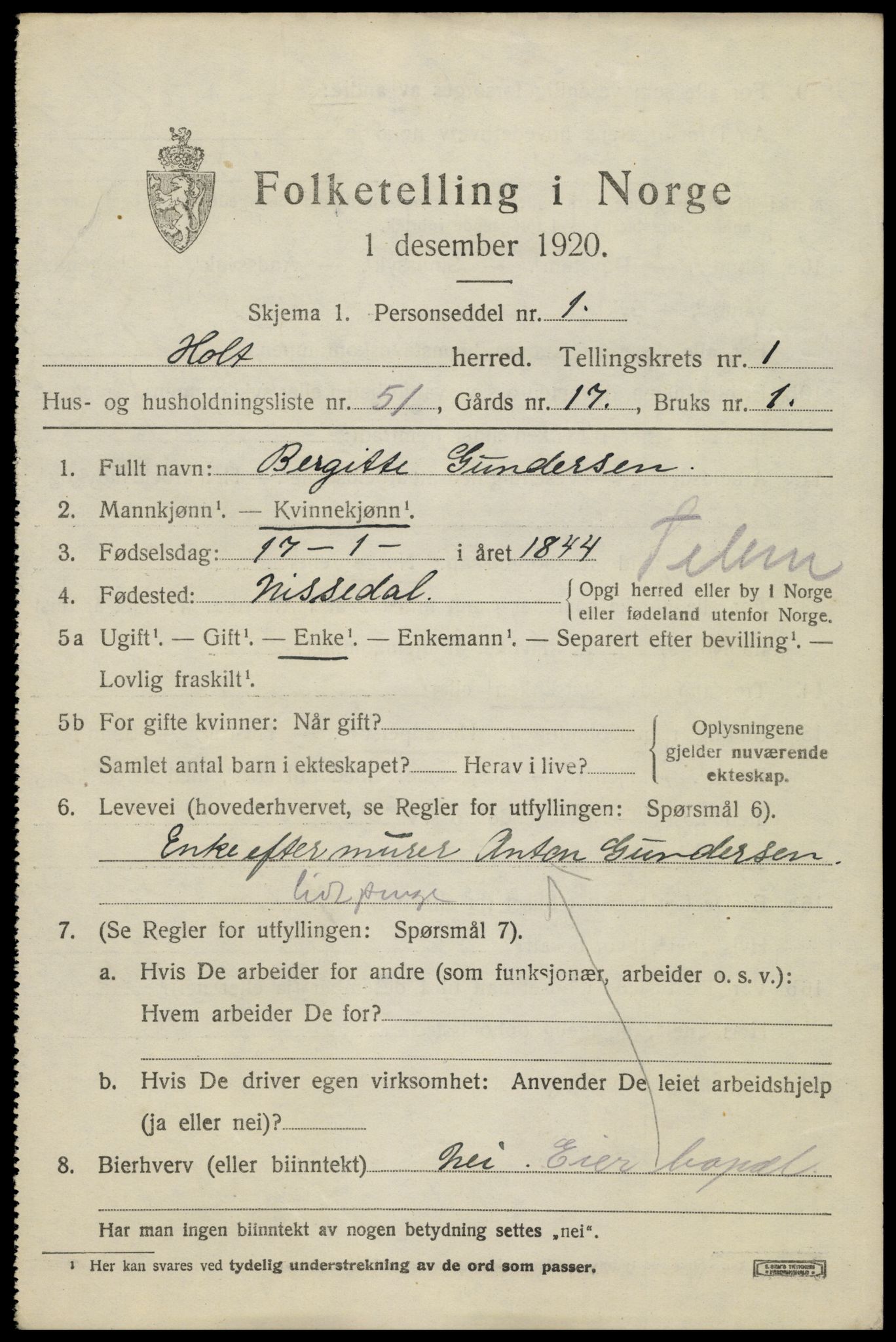 SAK, 1920 census for Holt, 1920, p. 2082