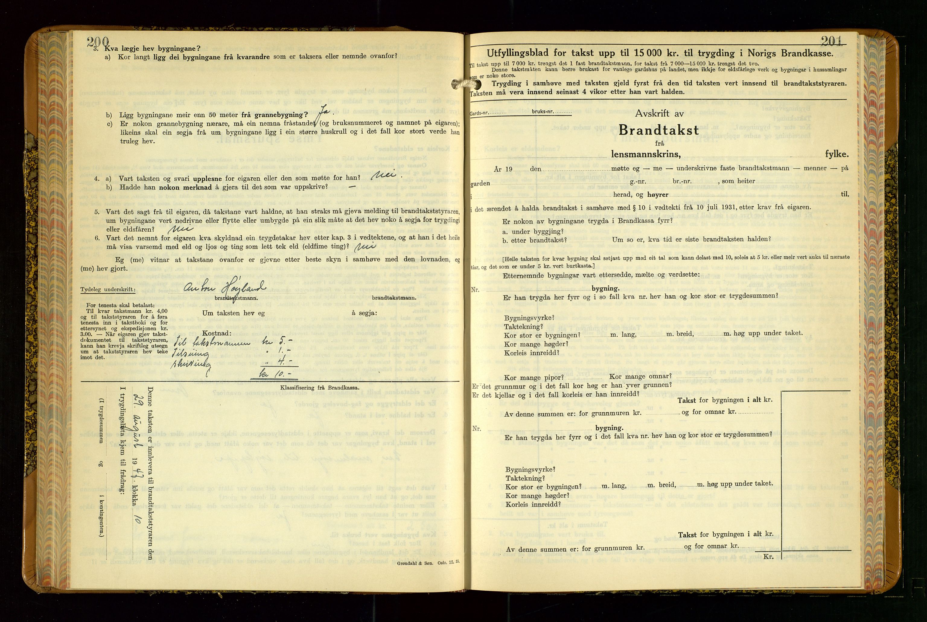 Klepp lensmannskontor, SAST/A-100163/Goc/L0015: "Branntakstbok" m/register, 1939-1947, p. 200-201