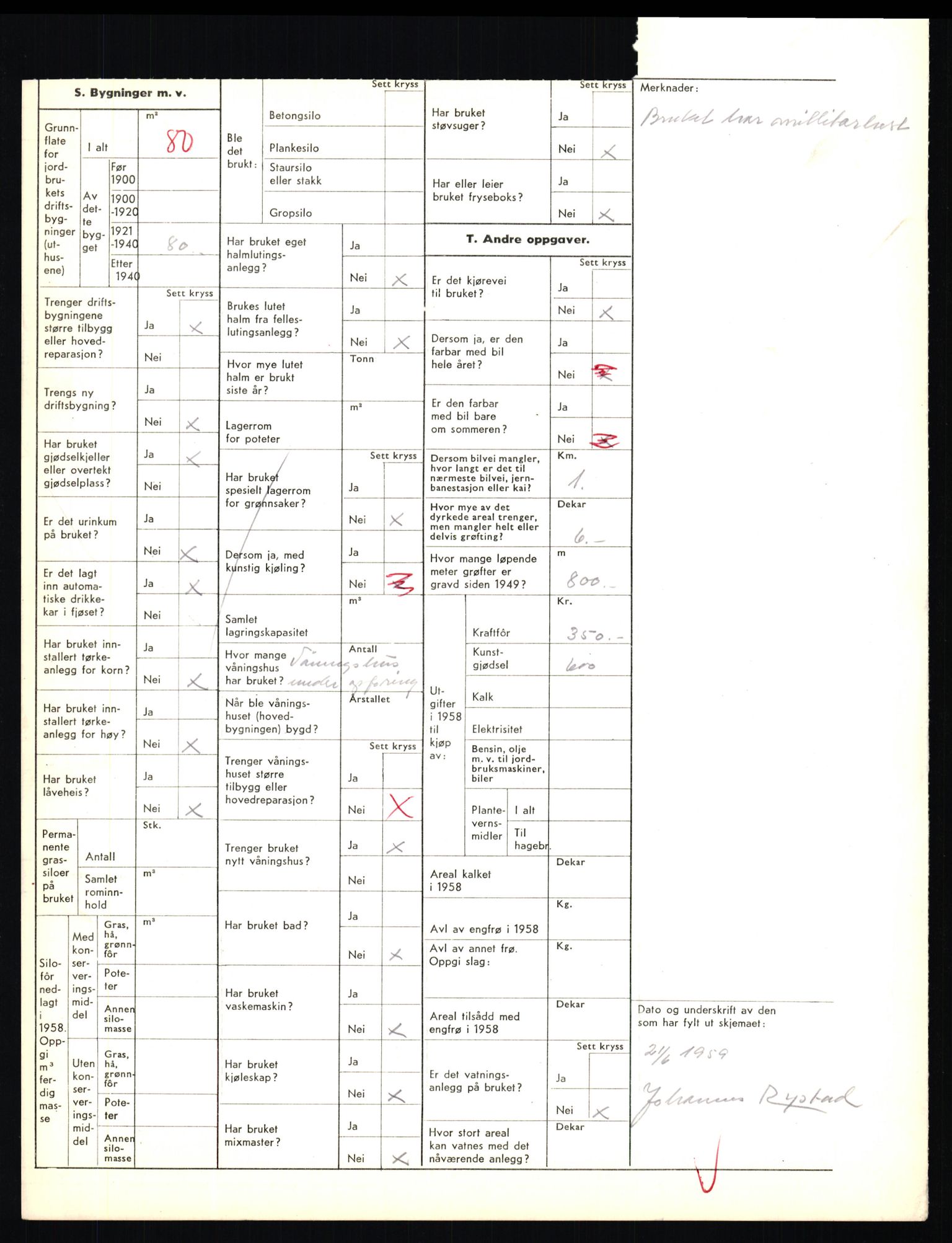 Statistisk sentralbyrå, Næringsøkonomiske emner, Jordbruk, skogbruk, jakt, fiske og fangst, AV/RA-S-2234/G/Gd/L0655: Troms: 1924 Målselv (kl. 4-10), 1959, p. 1190