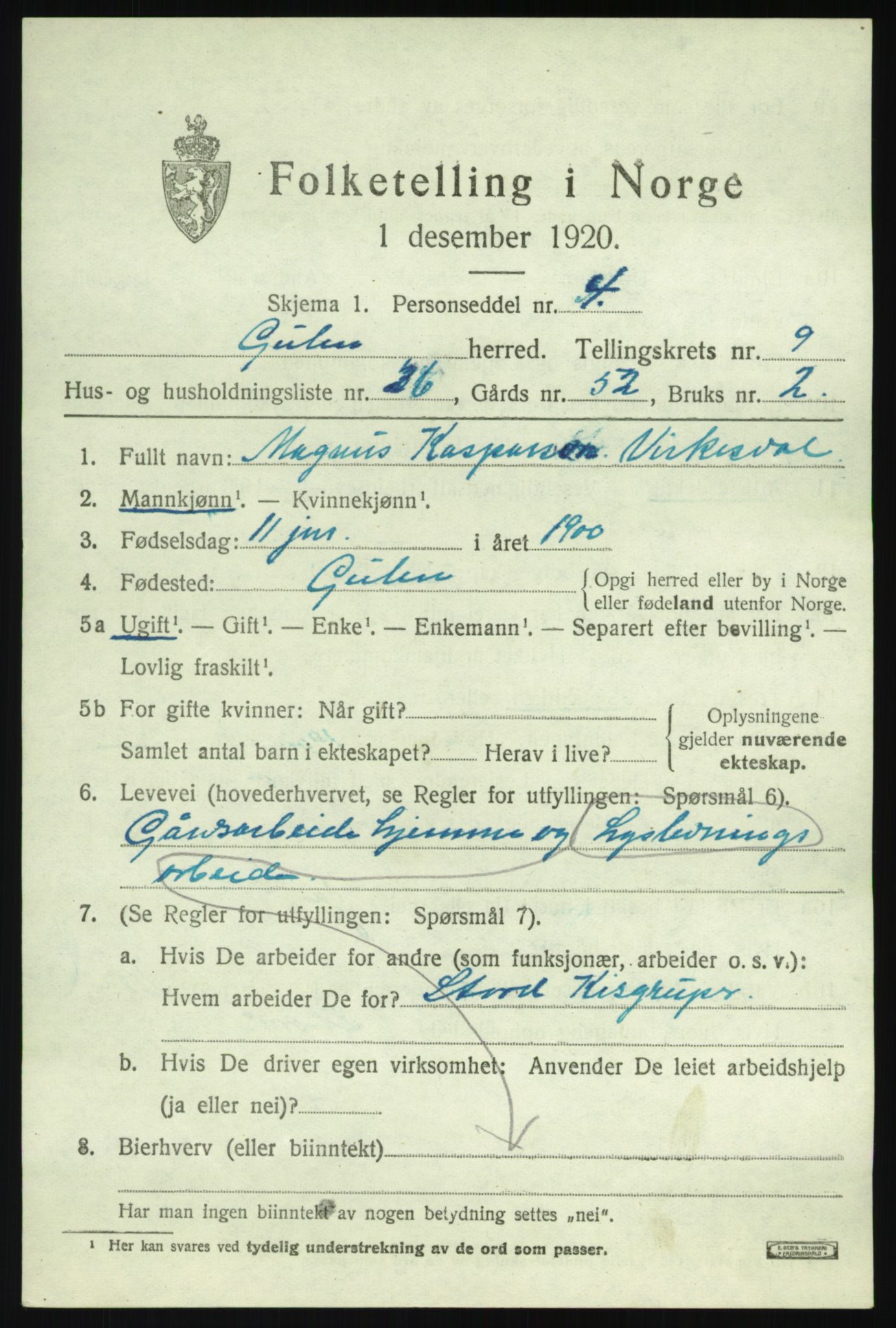 SAB, 1920 census for Gulen, 1920, p. 4401