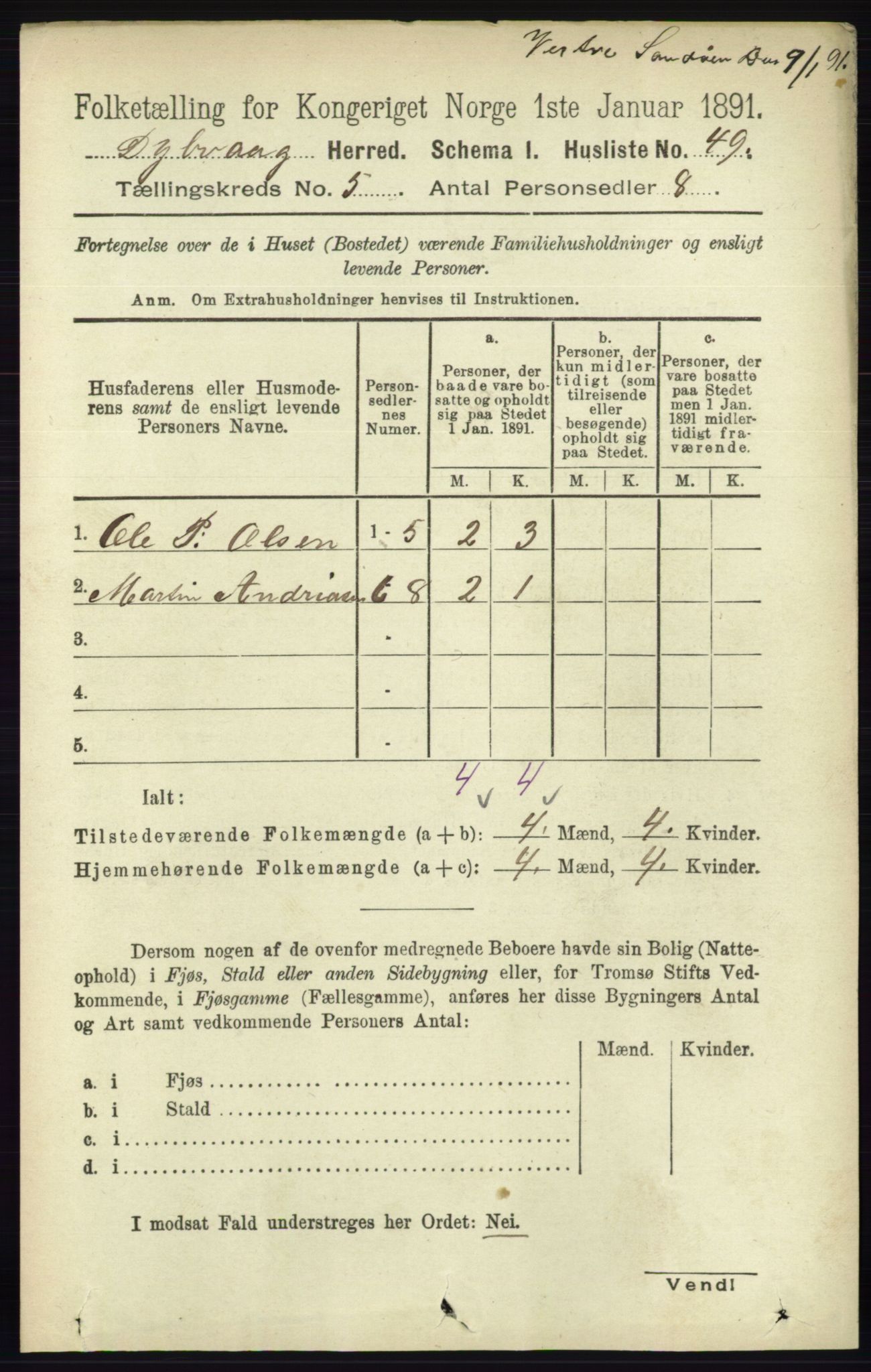 RA, 1891 census for 0915 Dypvåg, 1891, p. 1363