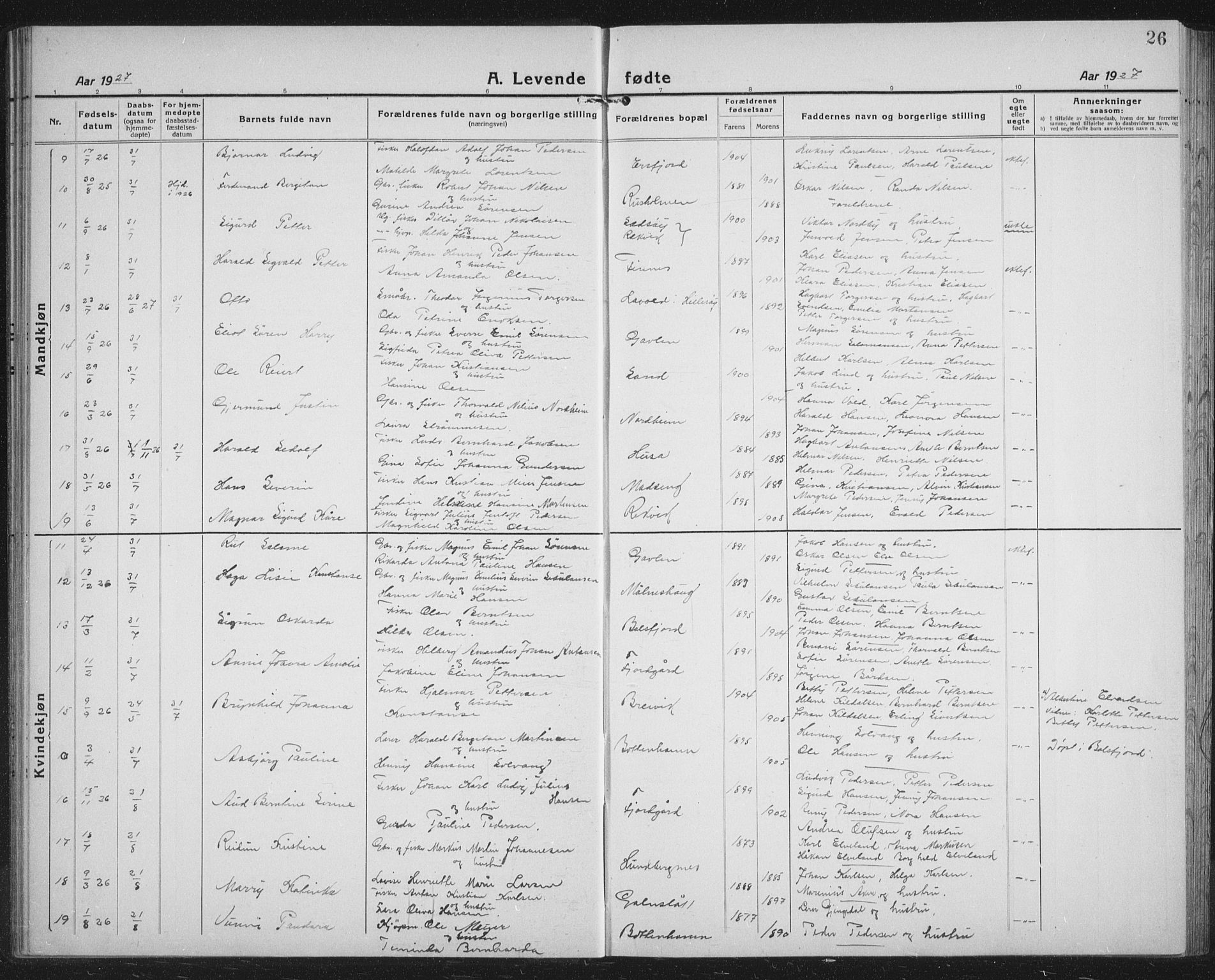 Lenvik sokneprestembete, AV/SATØ-S-1310/H/Ha/Hab/L0023klokker: Parish register (copy) no. 23, 1918-1936, p. 26