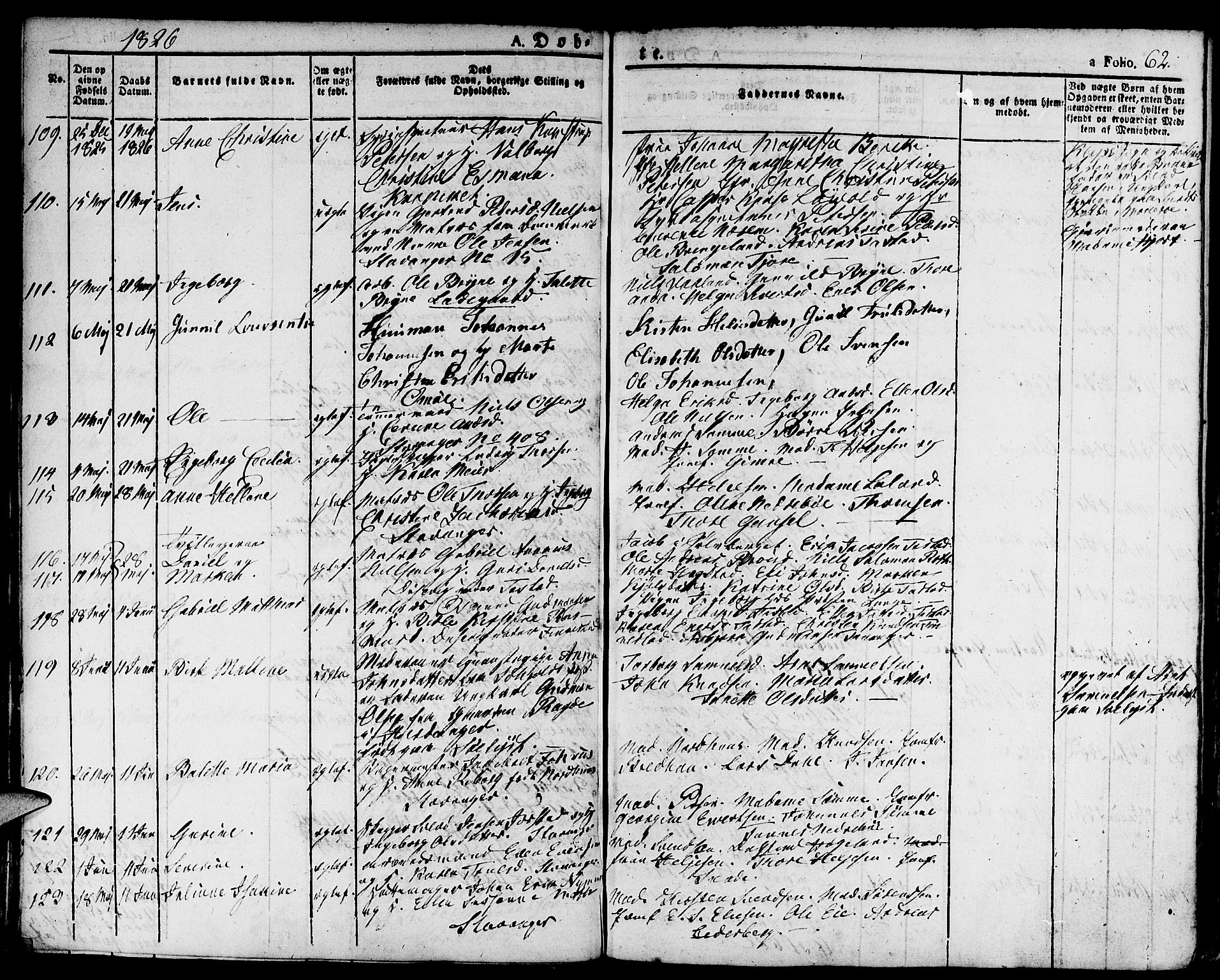 Domkirken sokneprestkontor, SAST/A-101812/001/30/30BA/L0009: Parish register (official) no. A 9, 1821-1832, p. 62